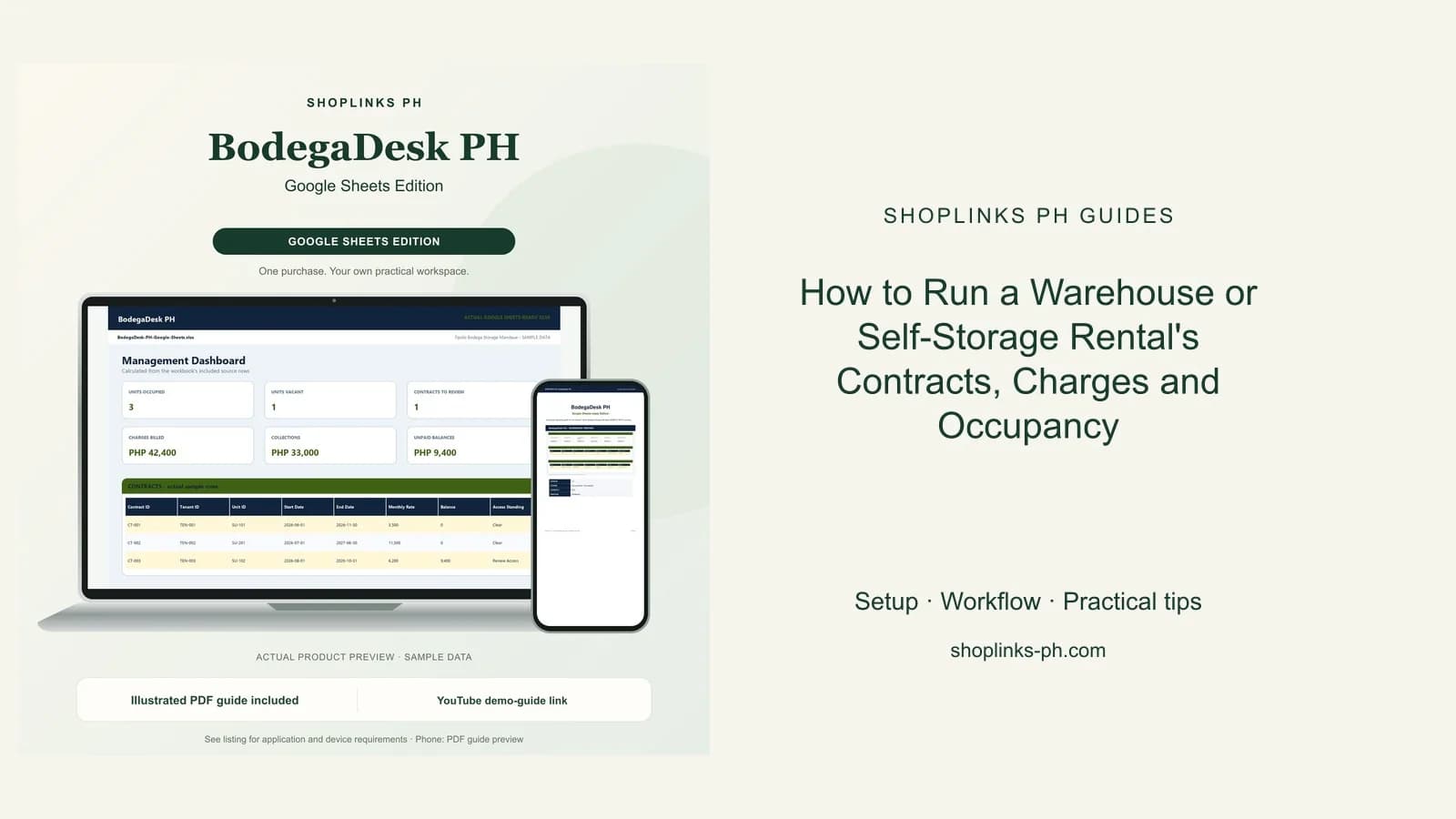 How to Run a Warehouse or Self-Storage Rental's Contracts, Charges and Occupancy: matching product and illustrated guide previews on laptop and phone.