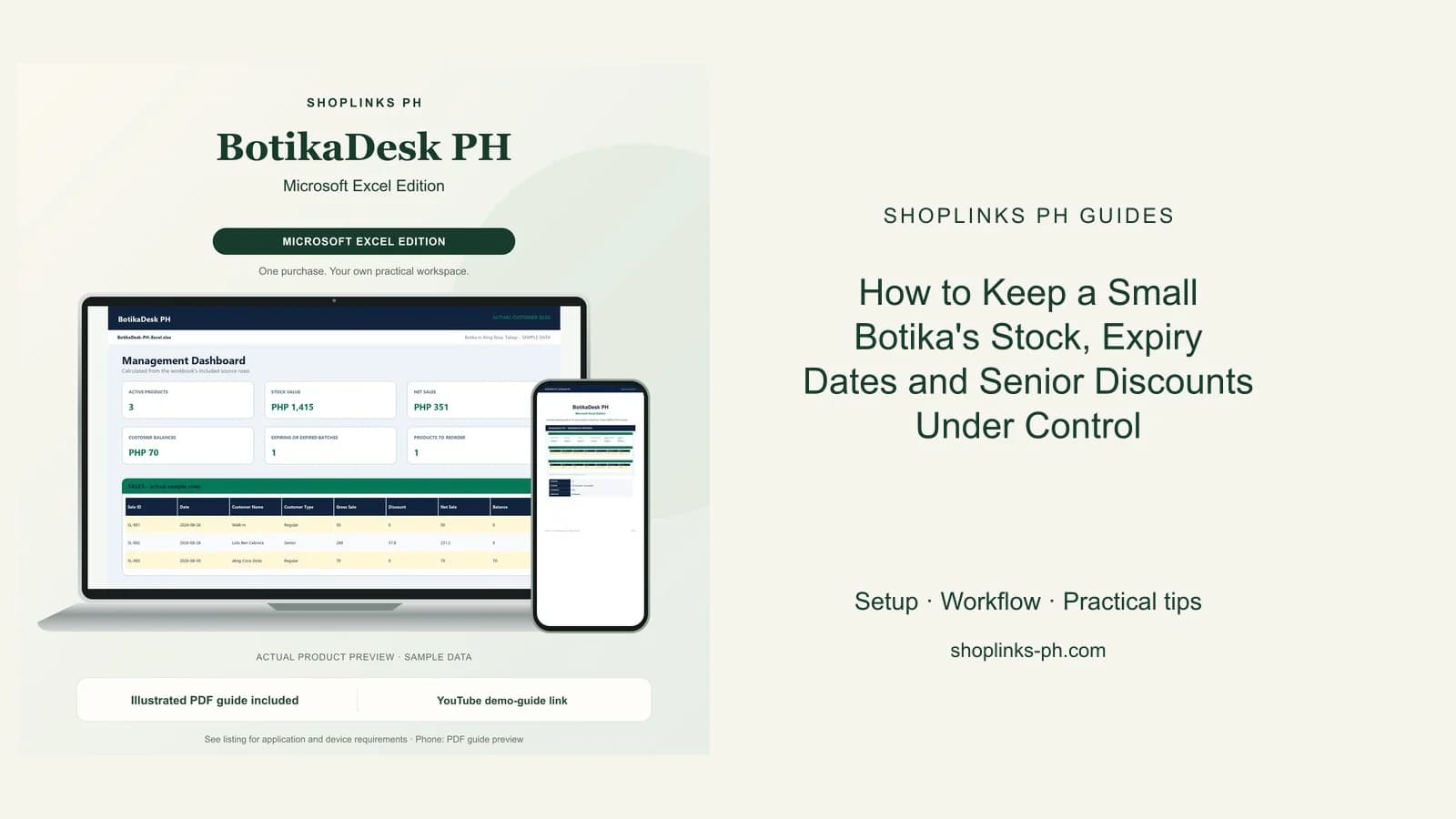 How to Keep a Small Botika's Stock, Expiry Dates and Senior Discounts Under Control: matching product and illustrated guide previews on laptop and phone.