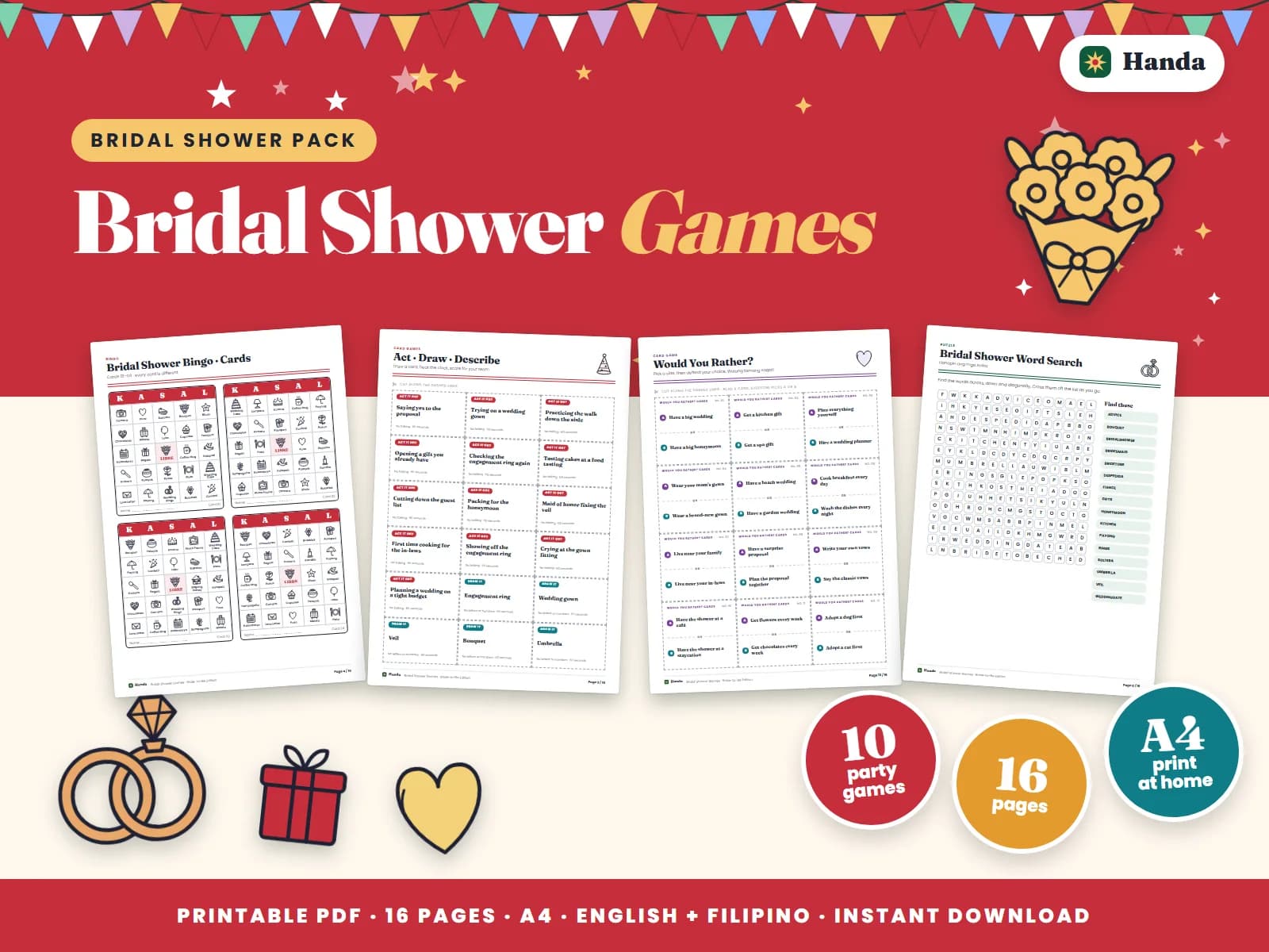 Cover of Bridal Shower Games, a printable party games pack showing four of its pages