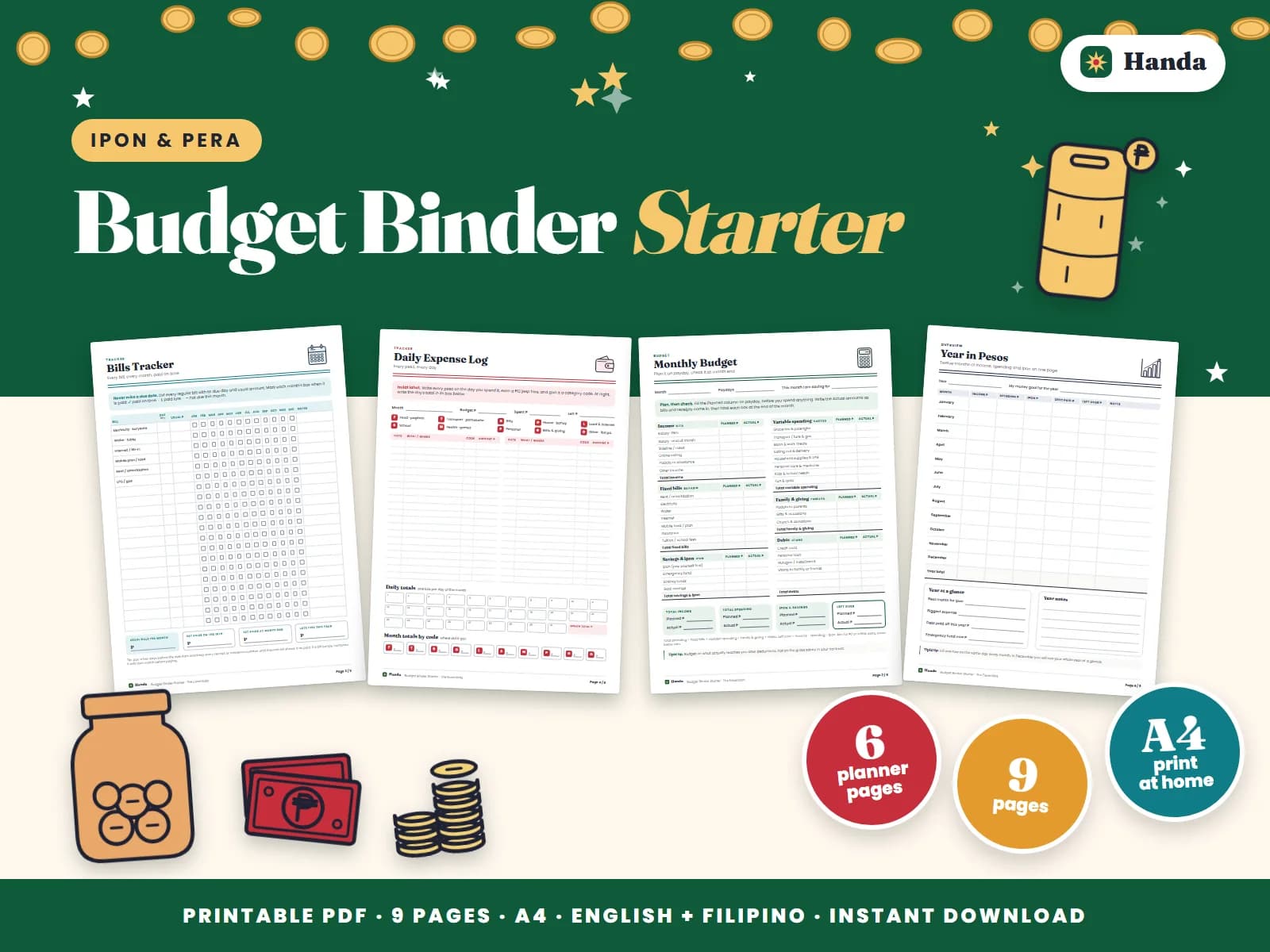 Cover of Budget Binder Starter, a printable budget planner showing four of its pages