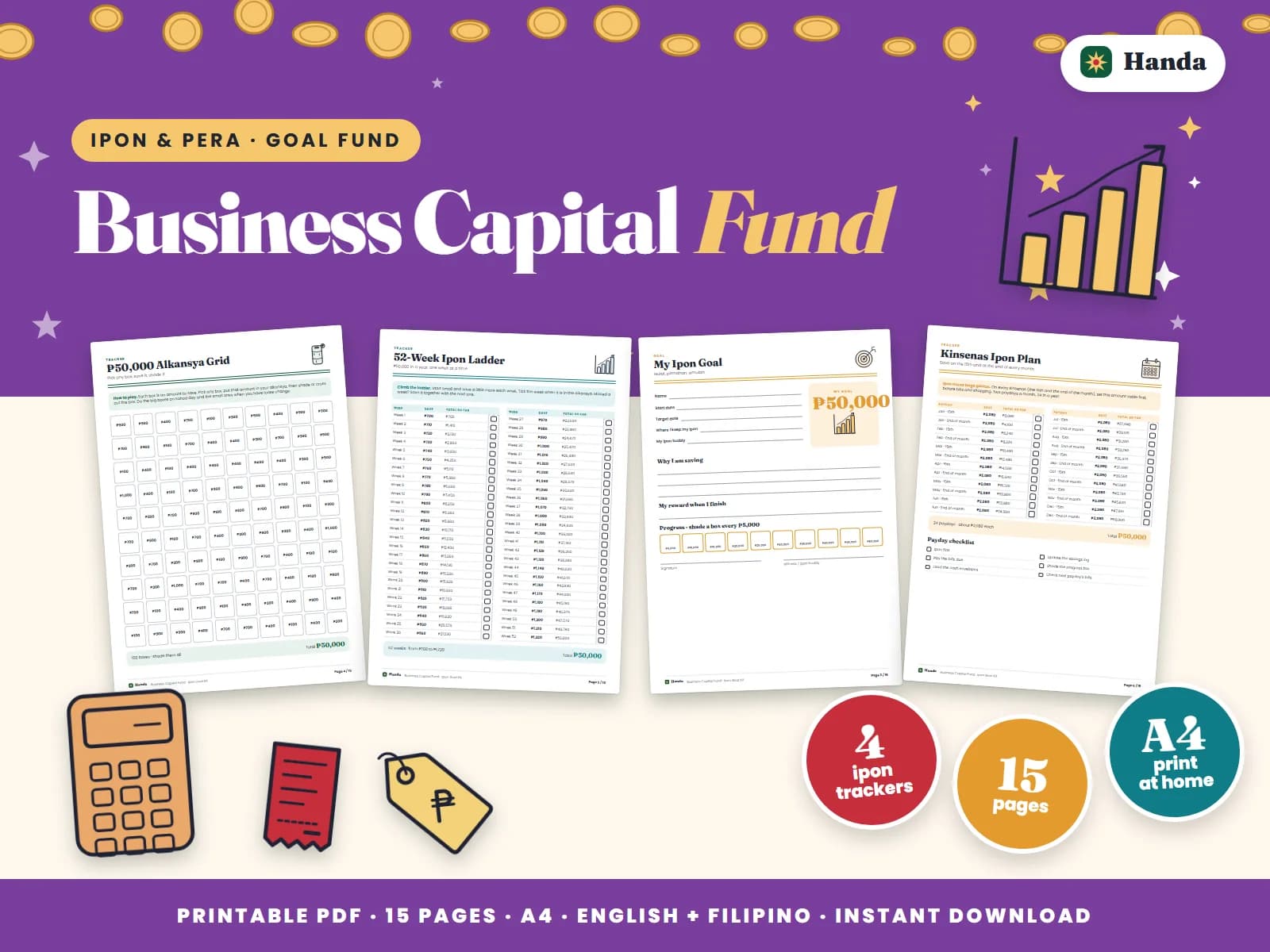 Cover of Business Capital Fund, a printable ipon challenge kit showing four of its pages