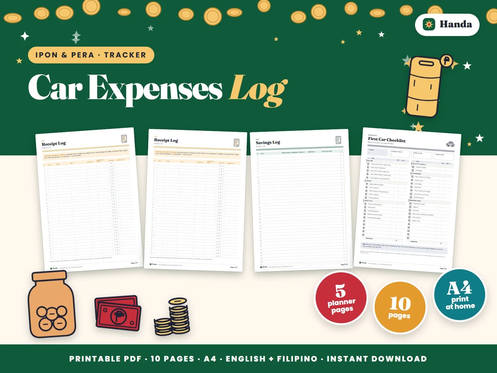 Cover of Car Expenses Log, a printable budget planner showing four of its pages