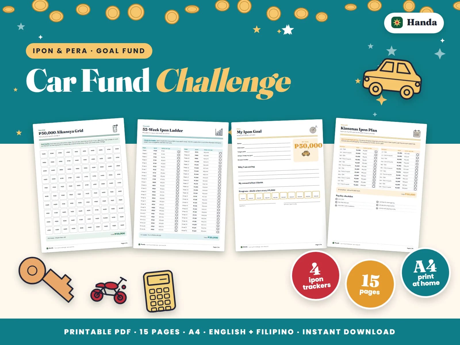 Cover of Car Fund Challenge, a printable ipon challenge kit showing four of its pages