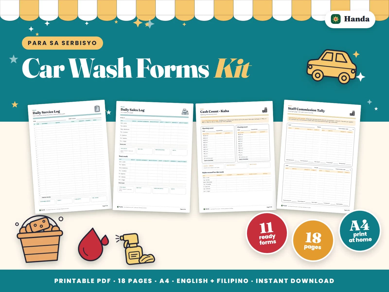 Cover of Car Wash Forms Kit, a printable service business forms kit showing four of its pages