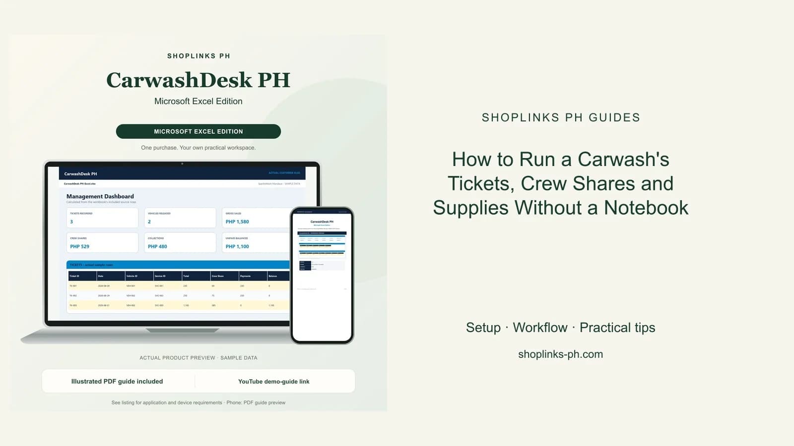 How to Run a Carwash's Tickets, Crew Shares and Supplies Without a Notebook: matching product and illustrated guide previews on laptop and phone.
