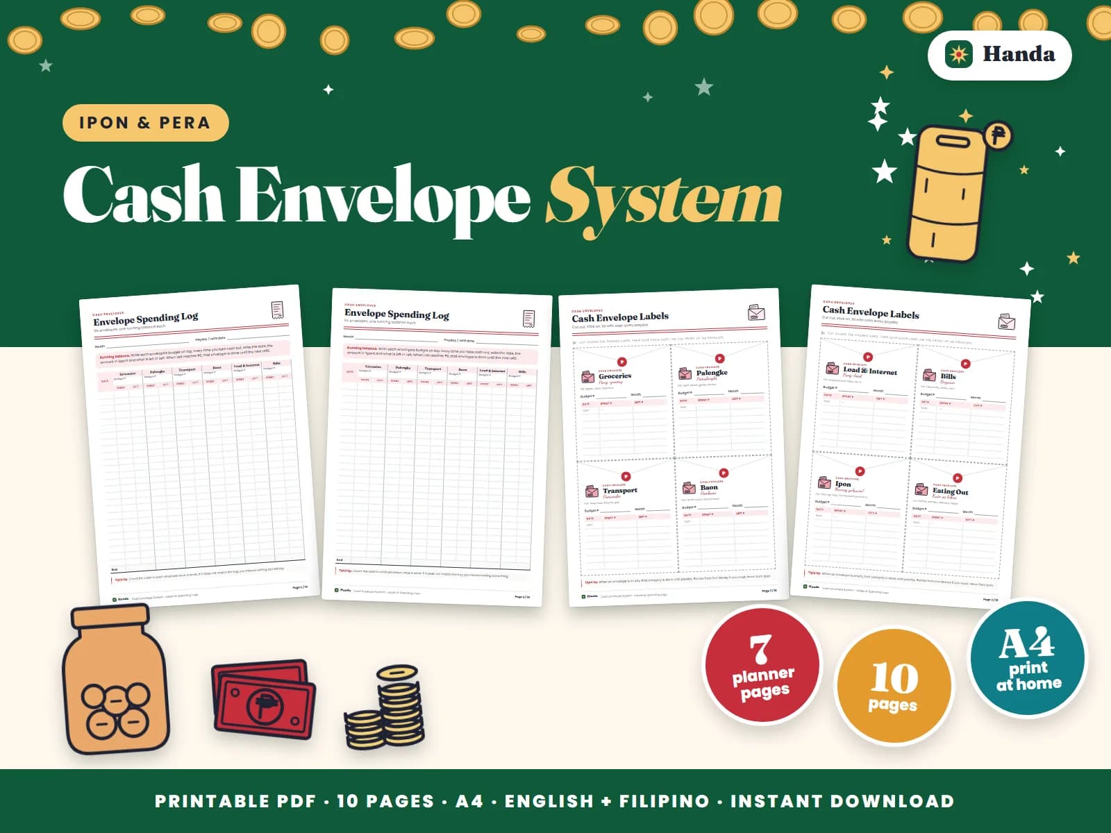 Cover of Cash Envelope System, a printable budget planner showing four of its pages