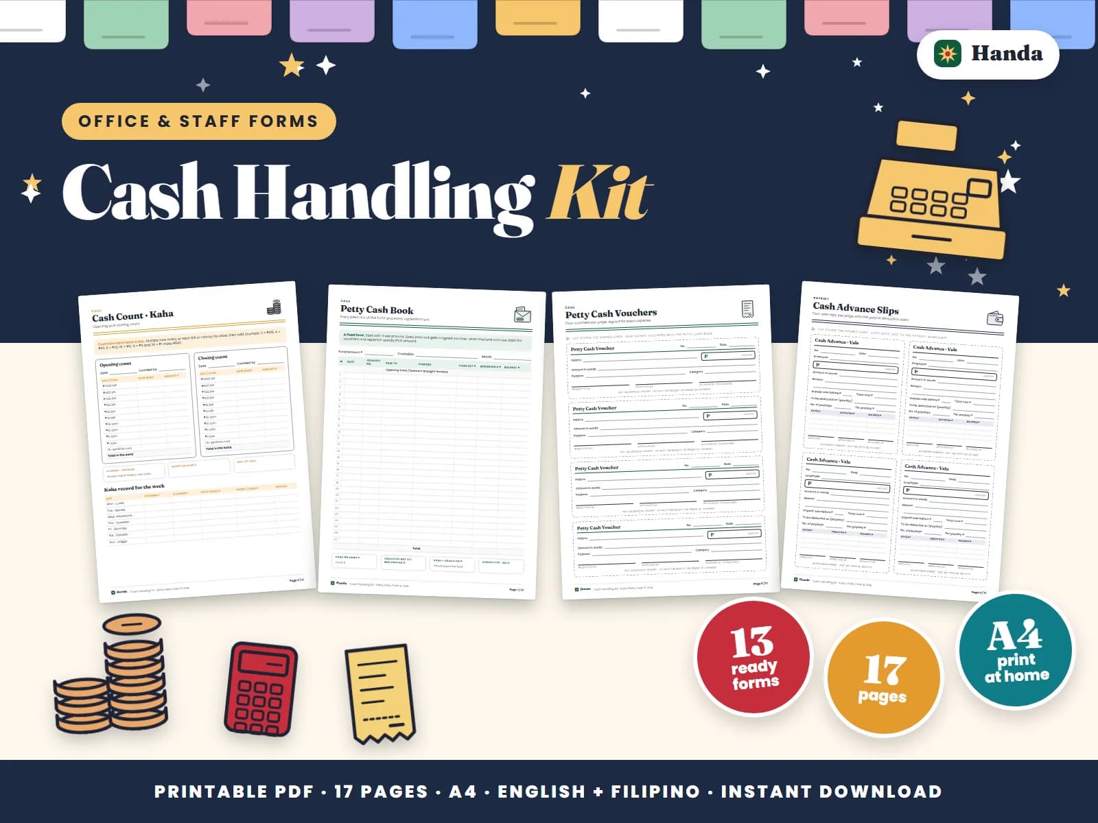 Cover of Cash Handling Kit, a printable office forms pack showing four of its pages