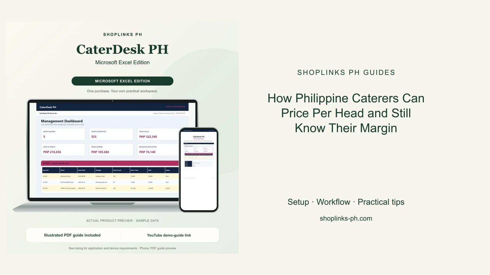 How Philippine Caterers Can Price Per Head and Still Know Their Margin: matching product and illustrated guide previews on laptop and phone.