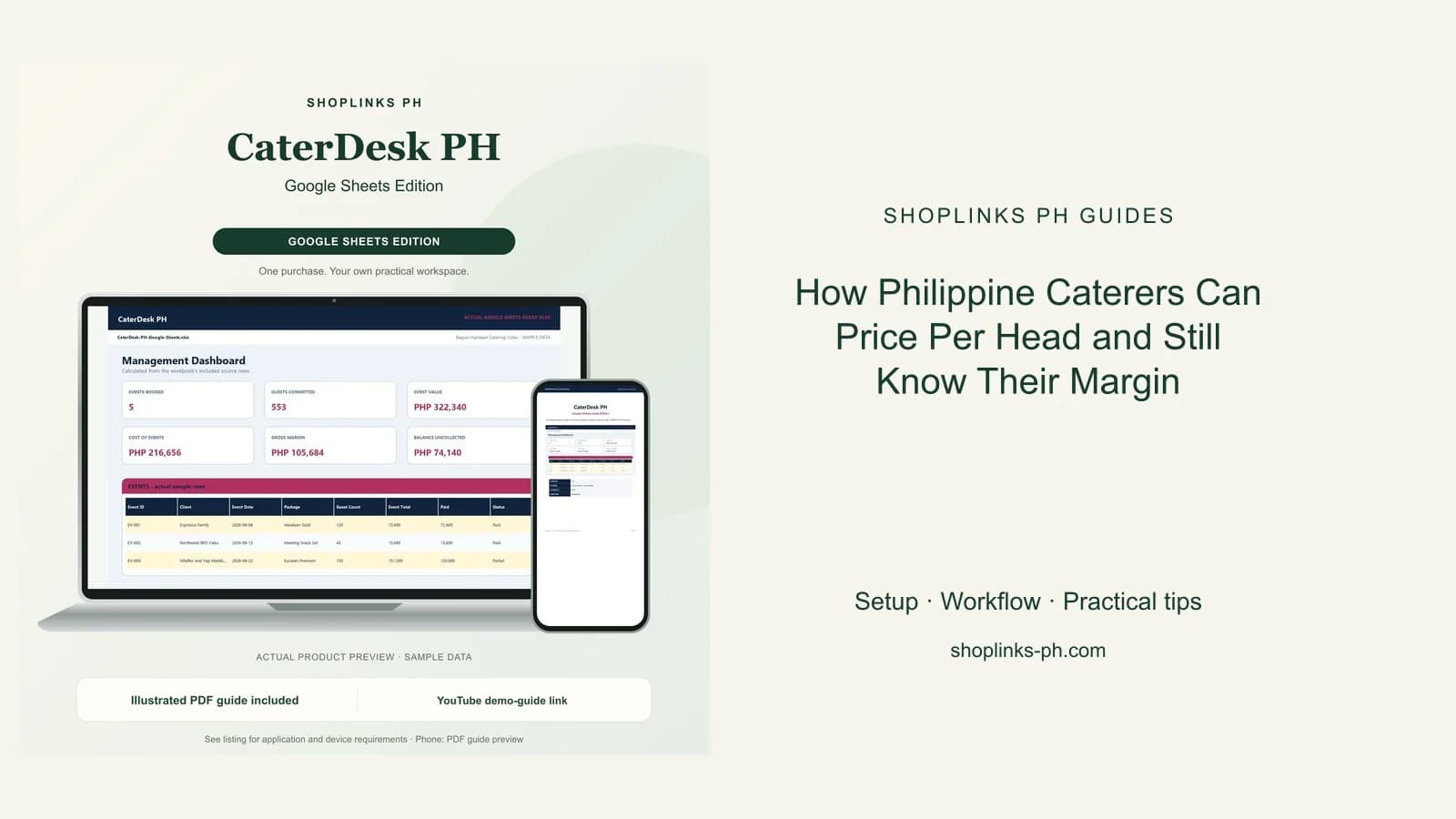 How Philippine Caterers Can Price Per Head and Still Know Their Margin: matching product and illustrated guide previews on laptop and phone.