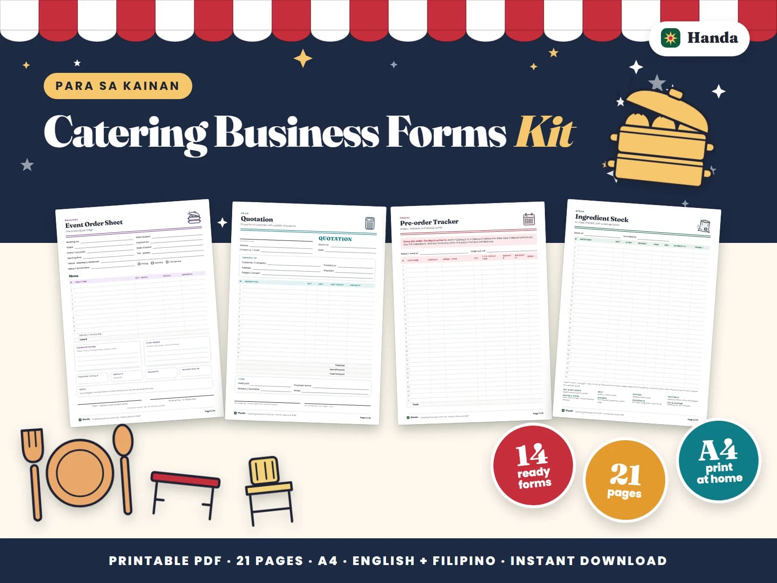 Cover of Catering Business Forms Kit, a printable food business forms kit showing four of its pages