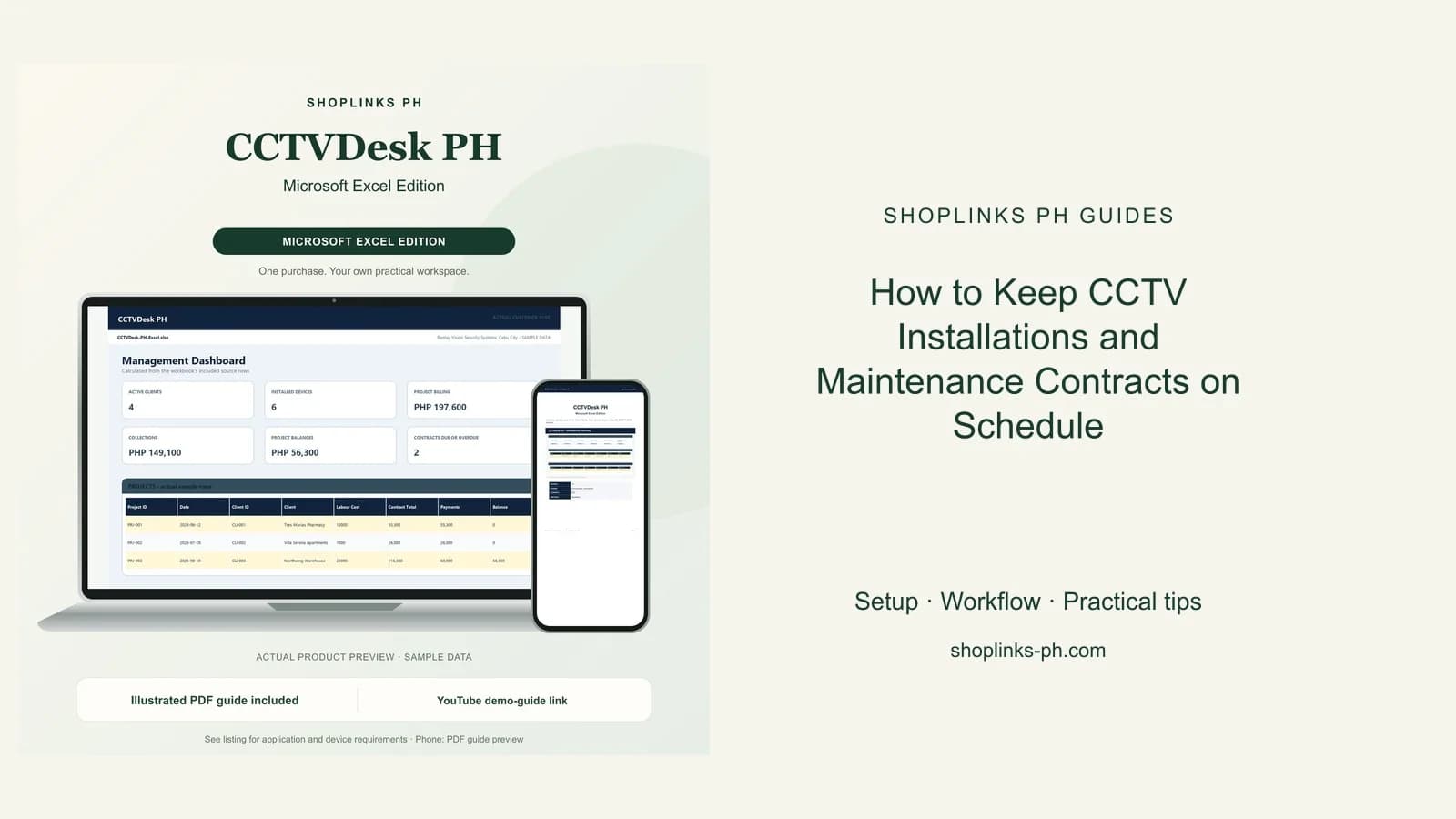 How to Keep CCTV Installations and Maintenance Contracts on Schedule: matching product and illustrated guide previews on laptop and phone.