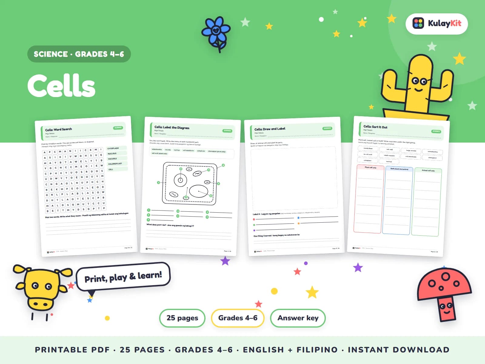 Cover of Cells, a printable pack for kids in Grades 4 to 6, showing four of its pages