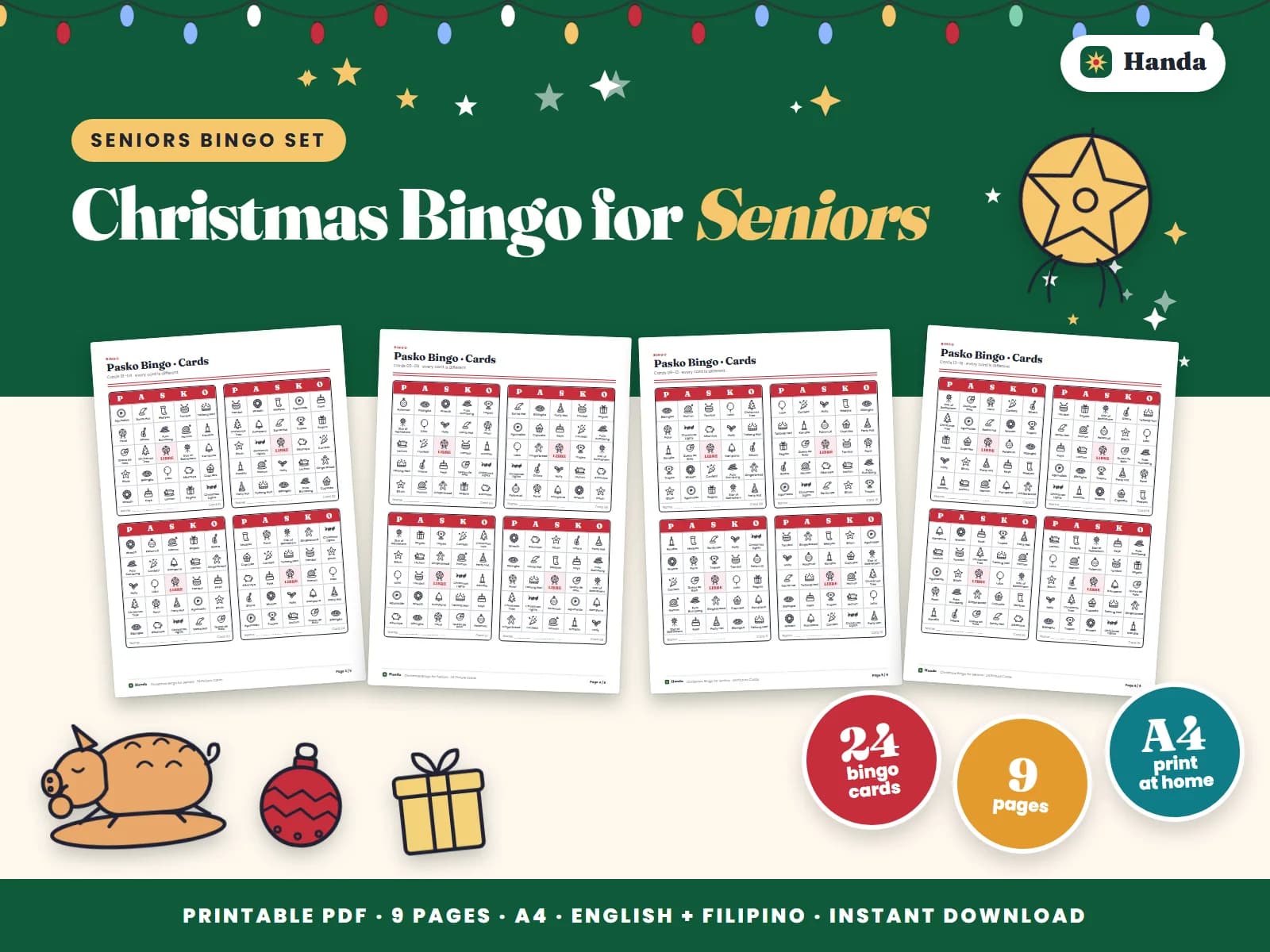 Cover of Christmas Bingo for Seniors, a printable bingo set showing four of its pages