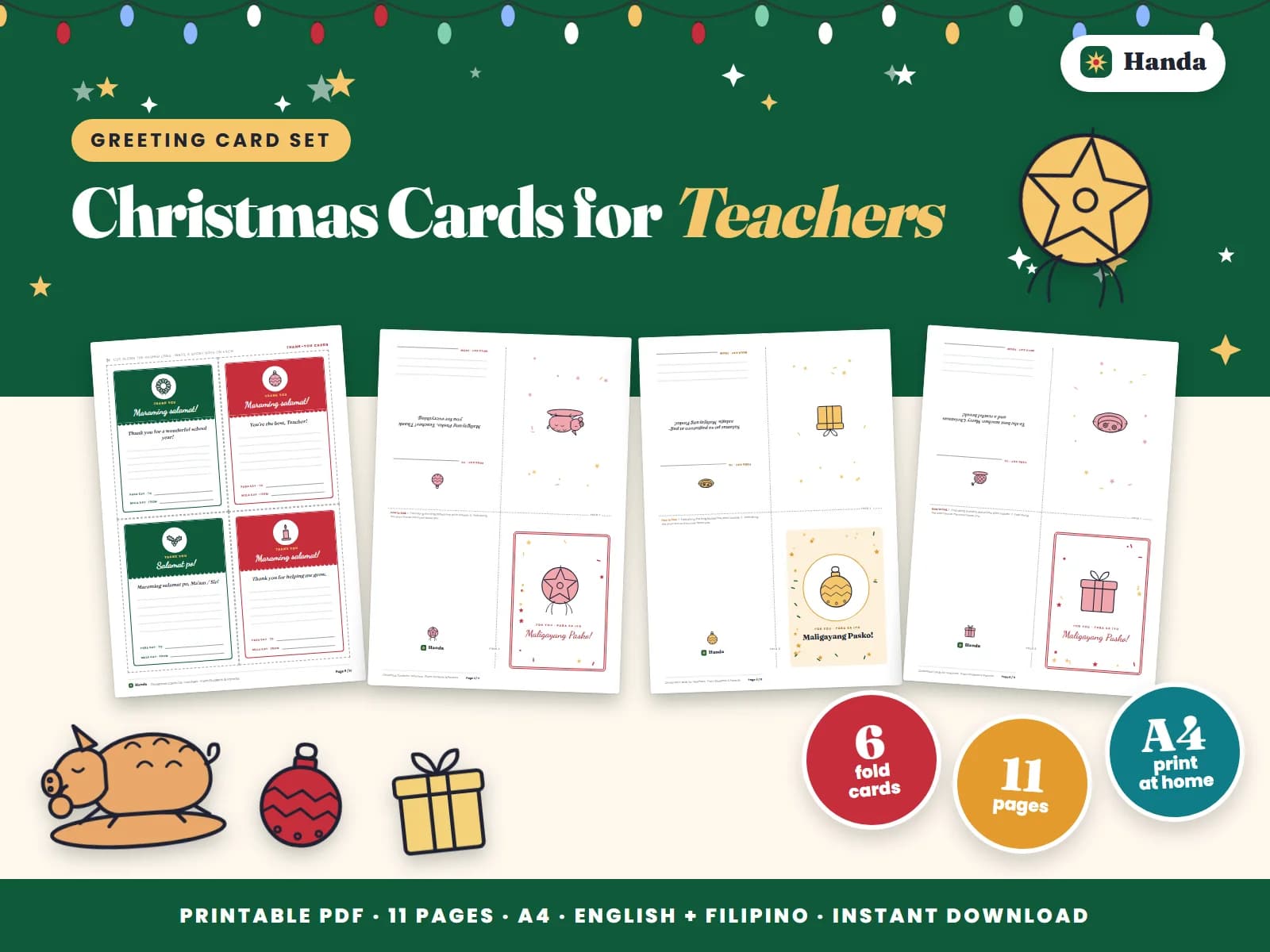 Cover of Christmas Cards for Teachers, a printable greeting card set showing four of its pages