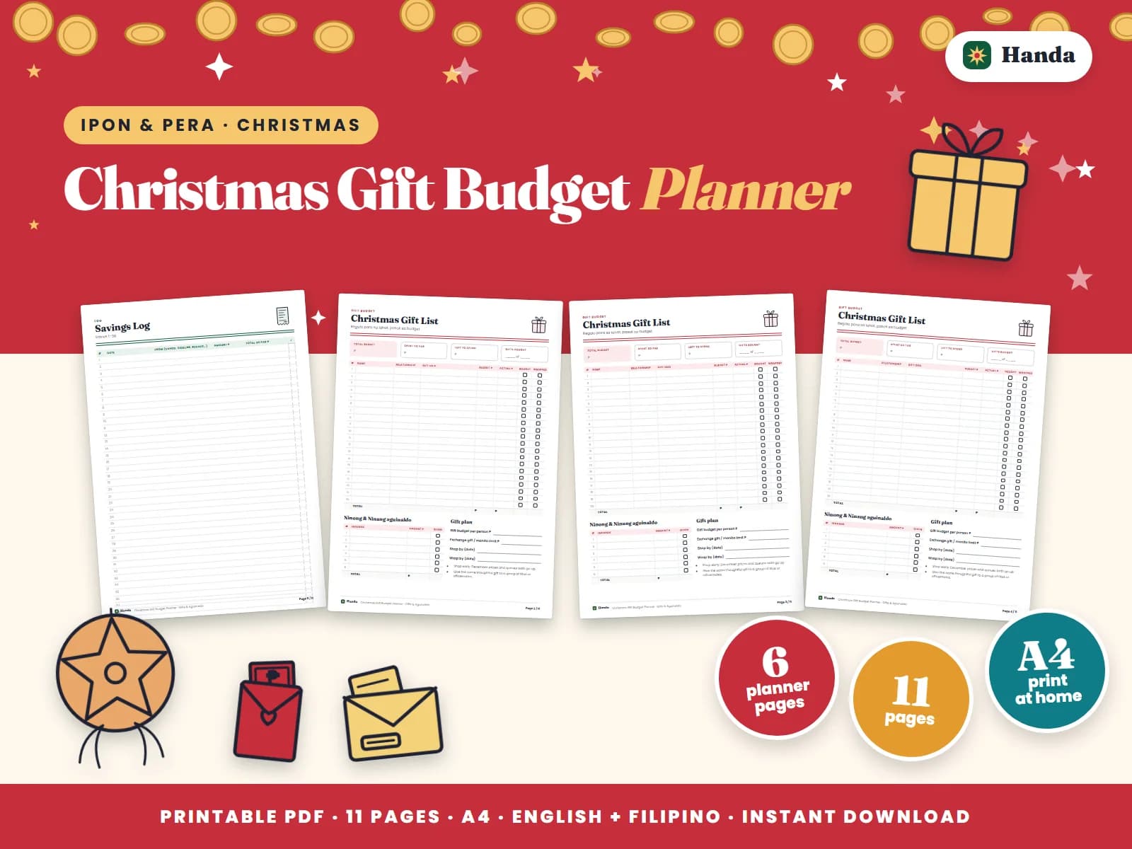 Cover of Christmas Gift Budget Planner, a printable budget planner showing four of its pages