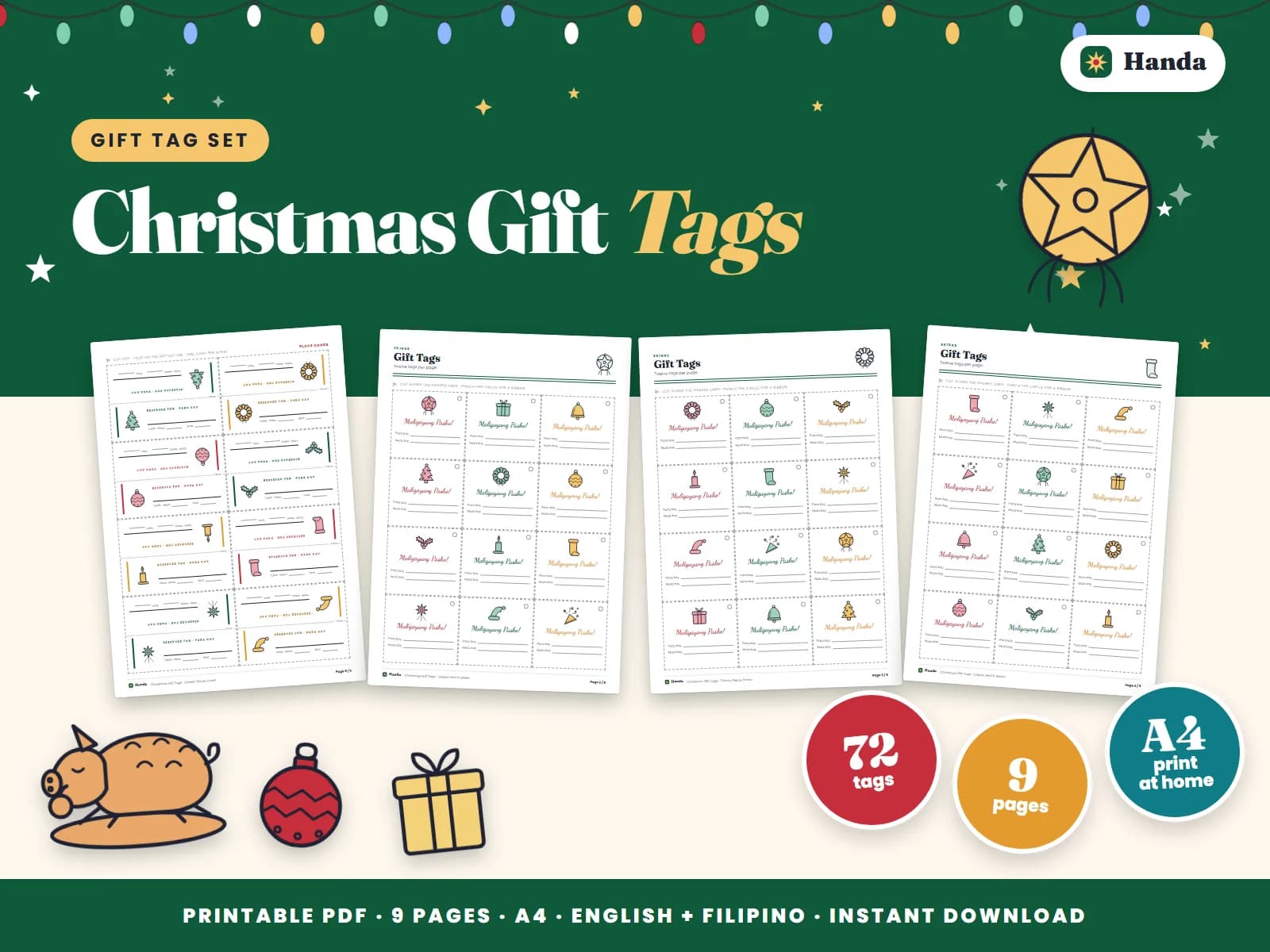 Cover of Christmas Gift Tags, a printable gift tag set showing four of its pages