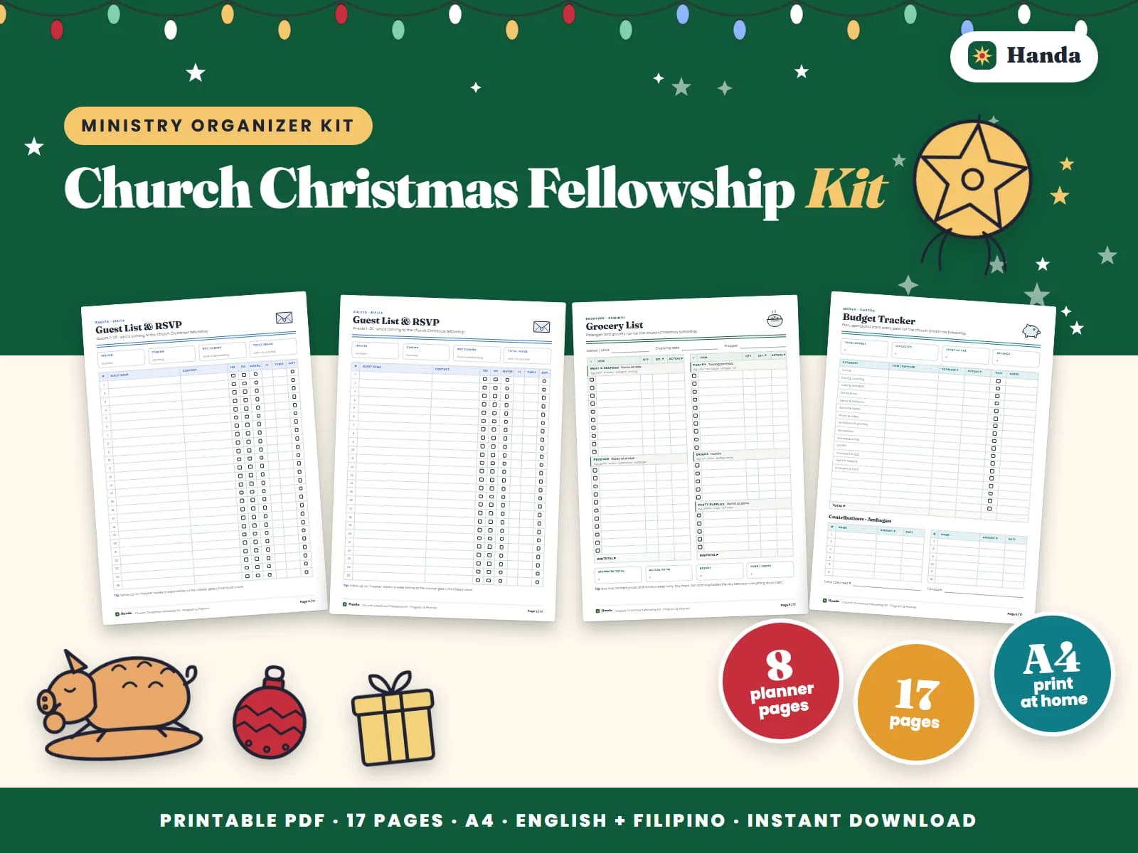 Cover of Church Christmas Fellowship Kit, a printable party planner kit showing four of its pages