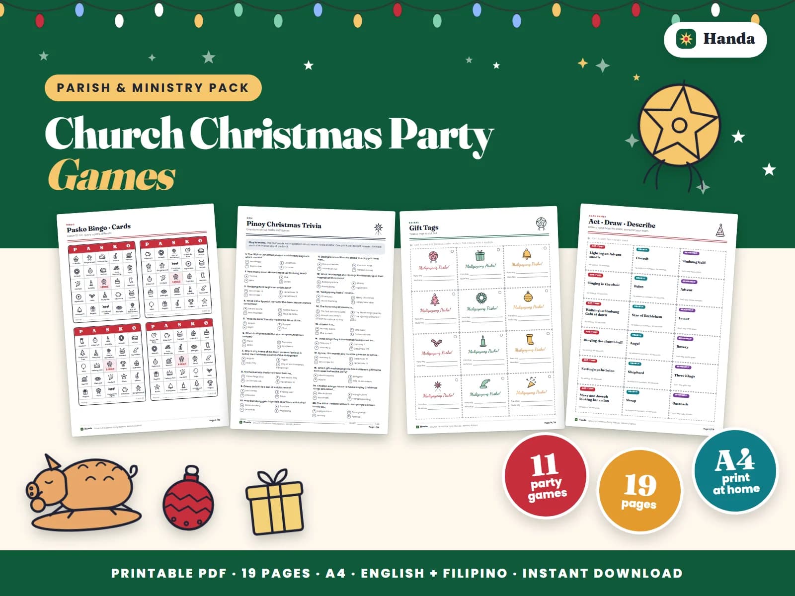 Cover of Church Christmas Party Games, a printable party games pack showing four of its pages