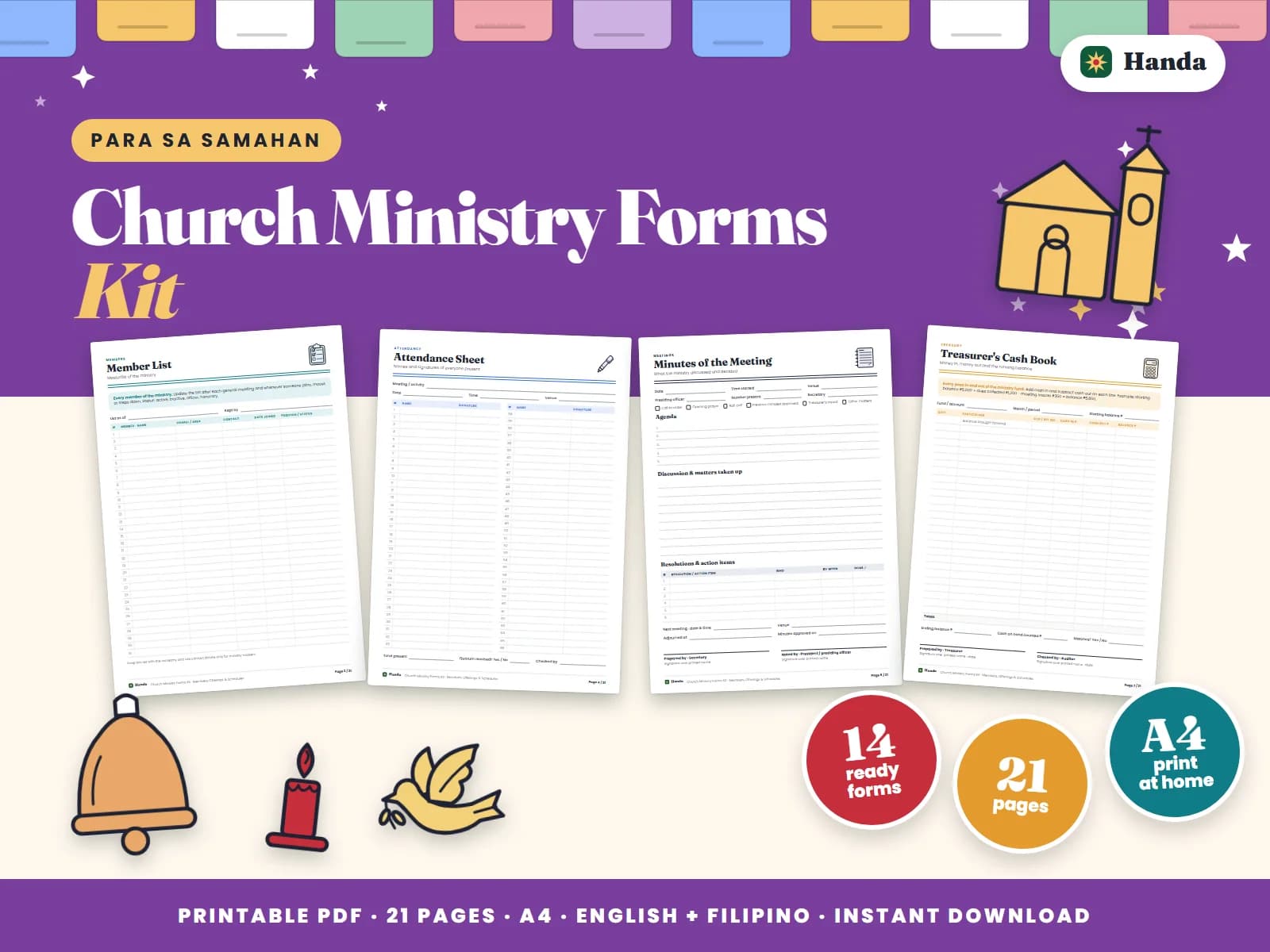 Cover of Church Ministry Forms Kit, a printable association forms kit showing four of its pages