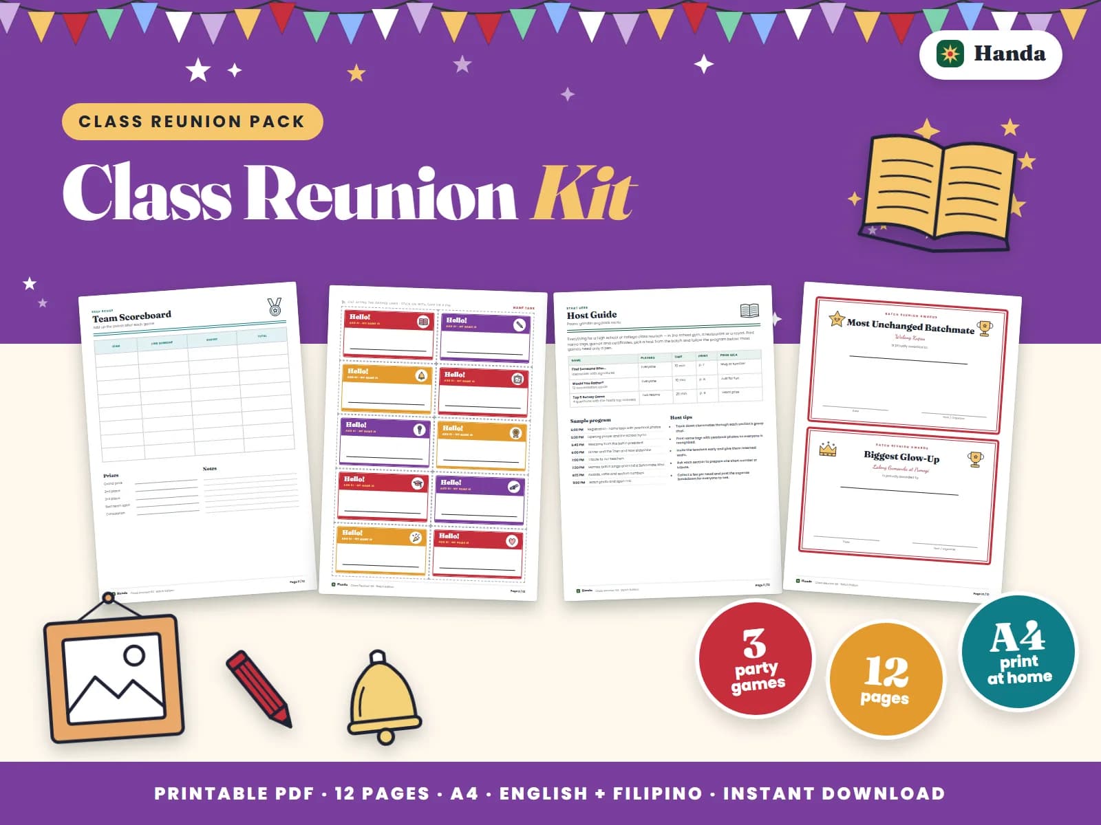 Cover of Class Reunion Kit, a printable reunion kit showing four of its pages