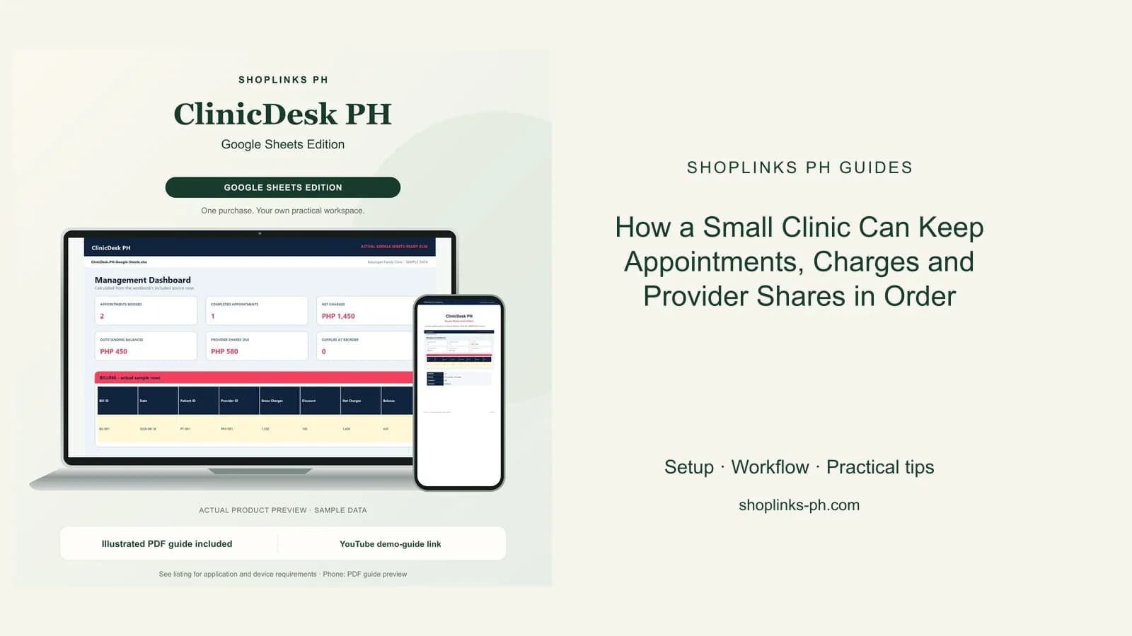 How a Small Clinic Can Keep Appointments, Charges and Provider Shares in Order: matching product and illustrated guide previews on laptop and phone.