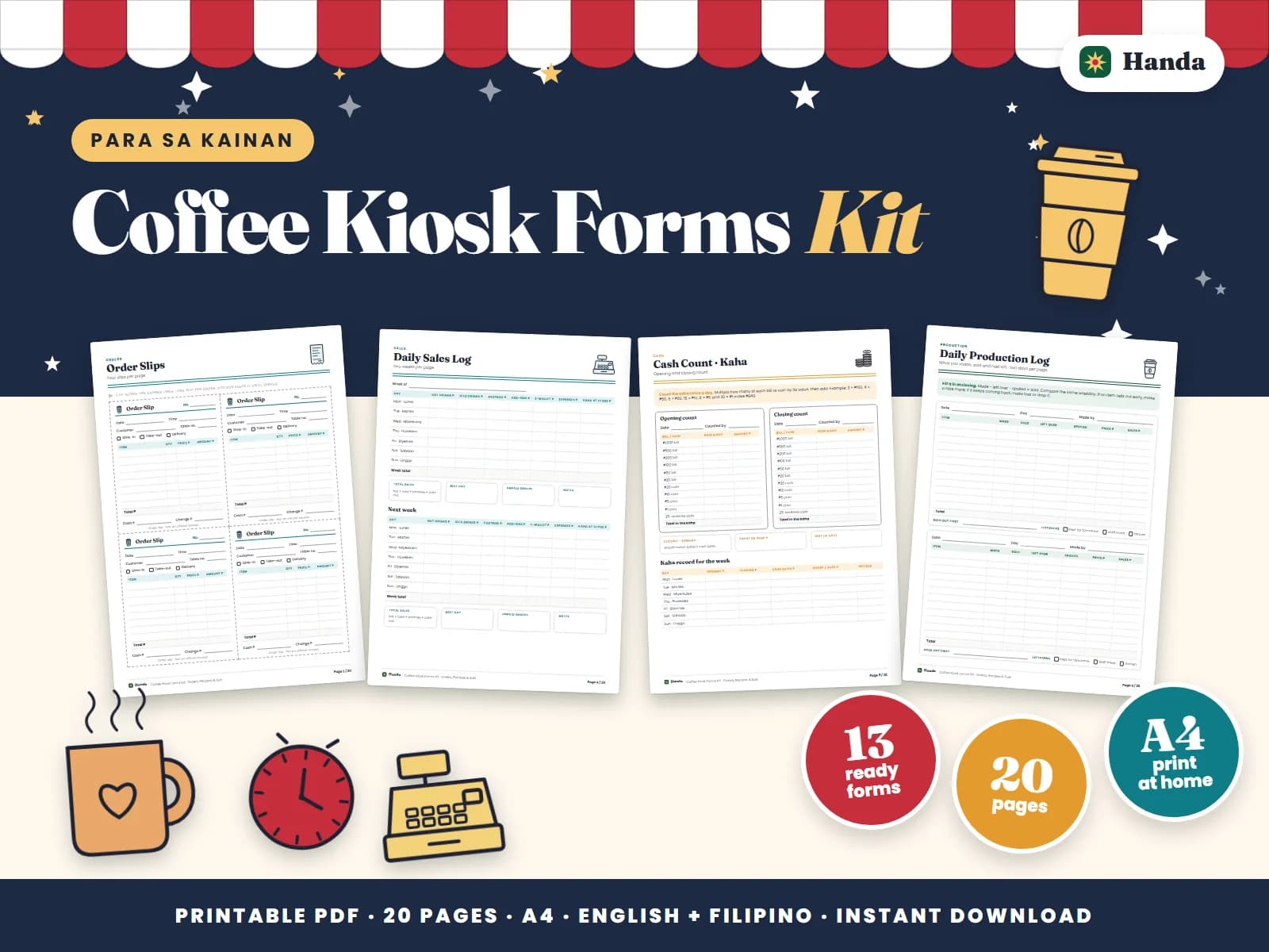 Cover of Coffee Kiosk Forms Kit, a printable food business forms kit showing four of its pages