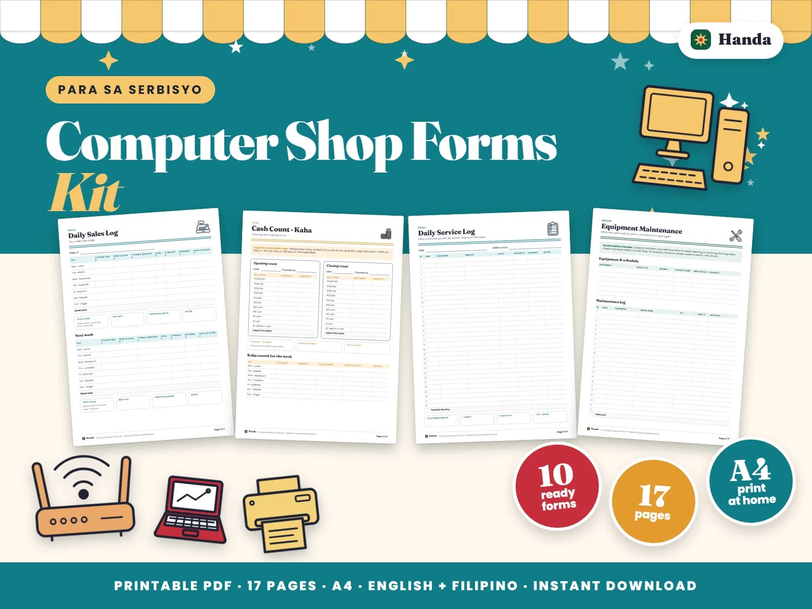Cover of Computer Shop Forms Kit, a printable service business forms kit showing four of its pages