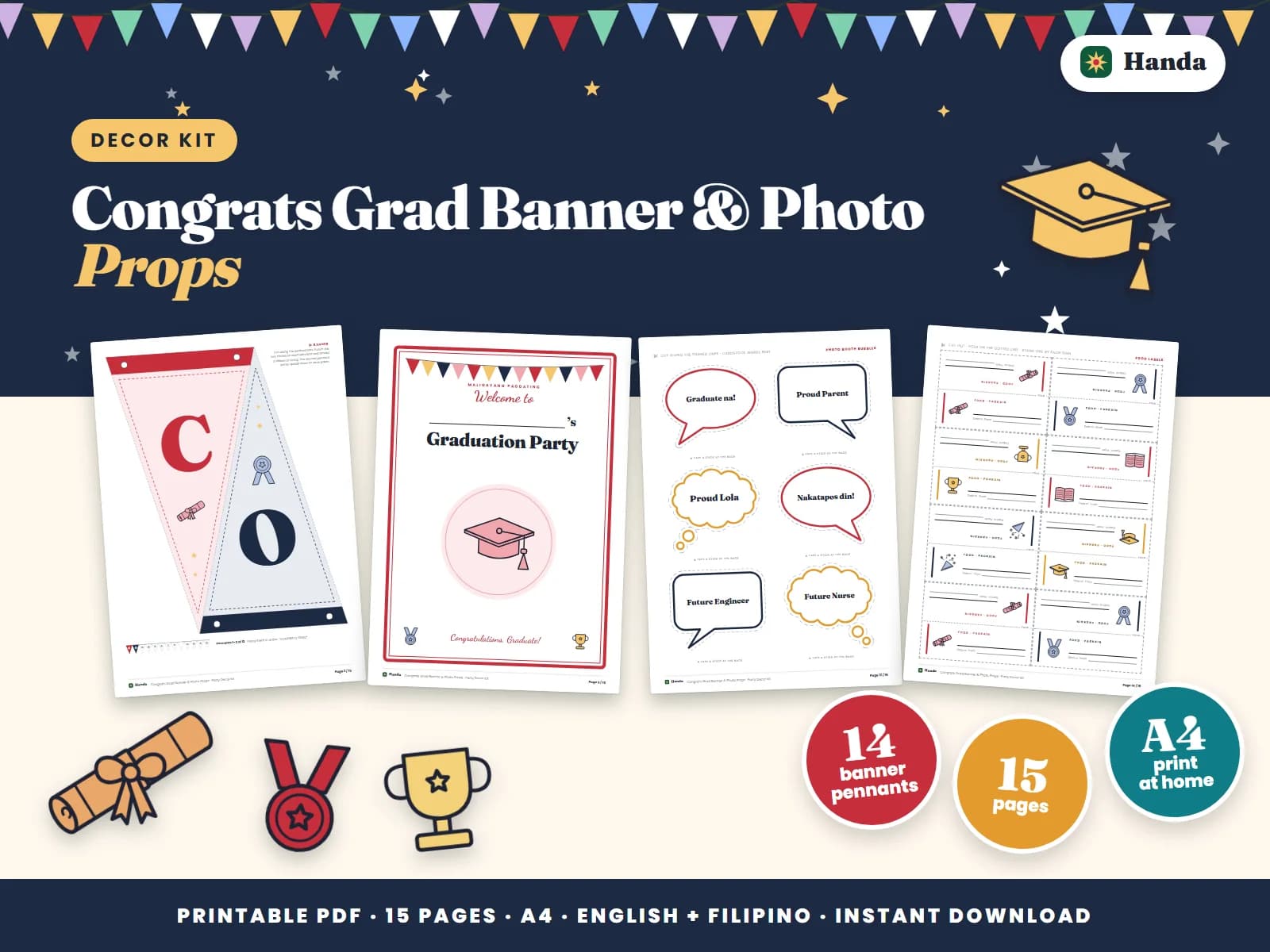 Cover of Congrats Grad Banner & Photo Props, a printable decor kit showing four of its pages