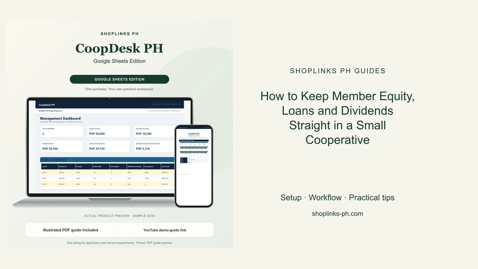 How to Keep Member Equity, Loans and Dividends Straight in a Small Cooperative: matching product and illustrated guide previews on laptop and phone.