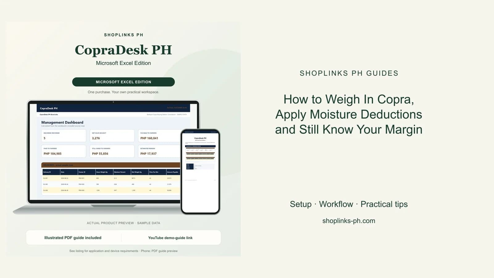 How to Weigh In Copra, Apply Moisture Deductions and Still Know Your Margin: matching product and illustrated guide previews on laptop and phone.