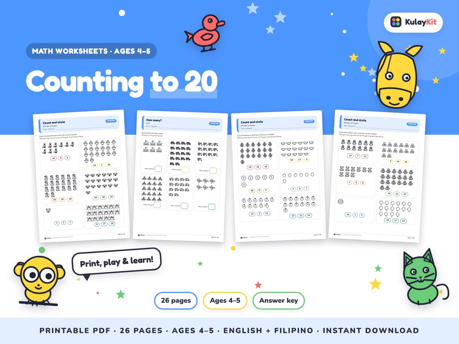 Cover of Counting to 20, a printable pack for preschoolers ages 4 to 5, showing four of its pages