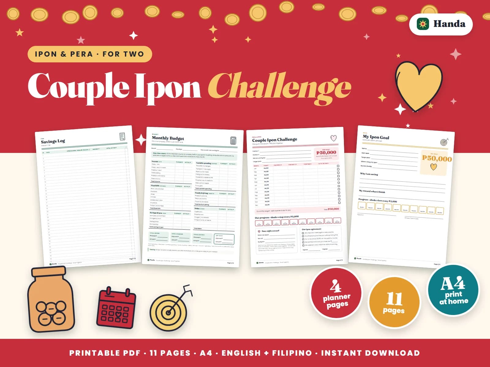 Cover of Couple Ipon Challenge, a printable group ipon challenge showing four of its pages