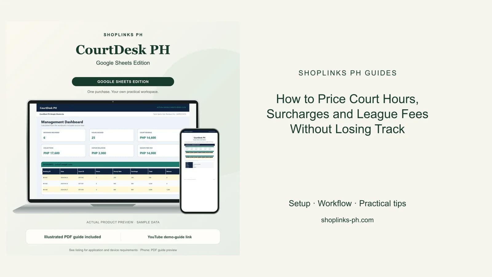 How to Price Court Hours, Surcharges and League Fees Without Losing Track: matching product and illustrated guide previews on laptop and phone.