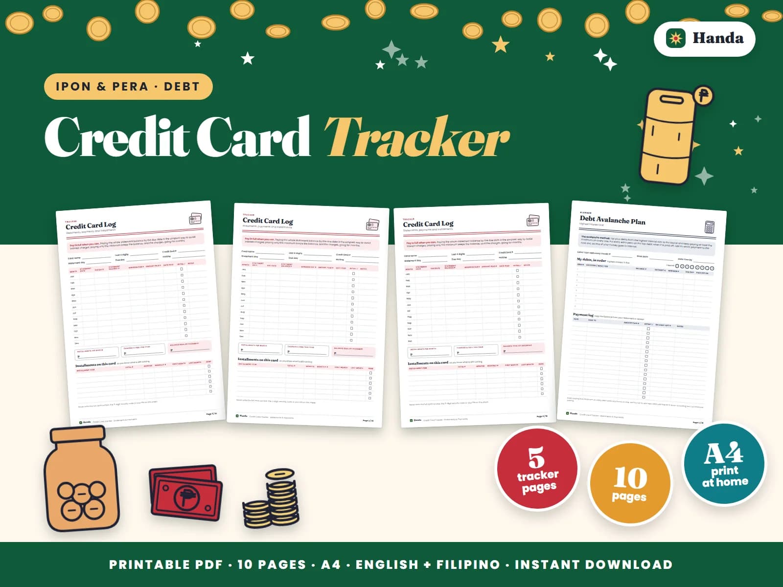 Cover of Credit Card Tracker, a printable money tracker showing four of its pages