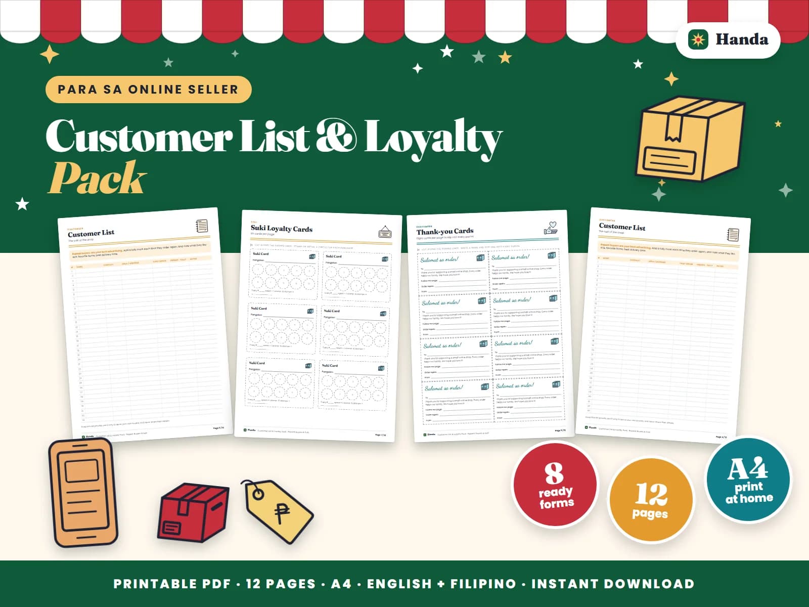 Cover of Customer List & Loyalty Pack, a printable forms pack showing four of its pages
