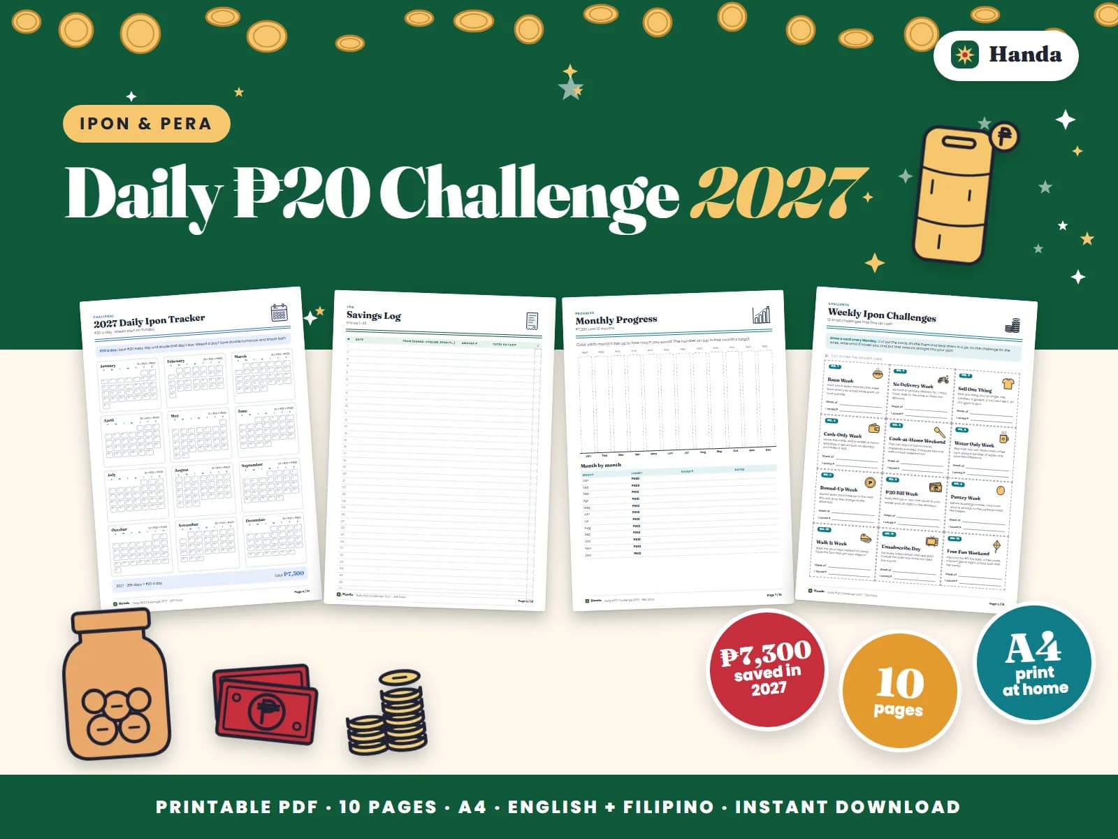 Cover of Daily ₱20 Challenge 2027, a printable ipon challenge kit showing four of its pages