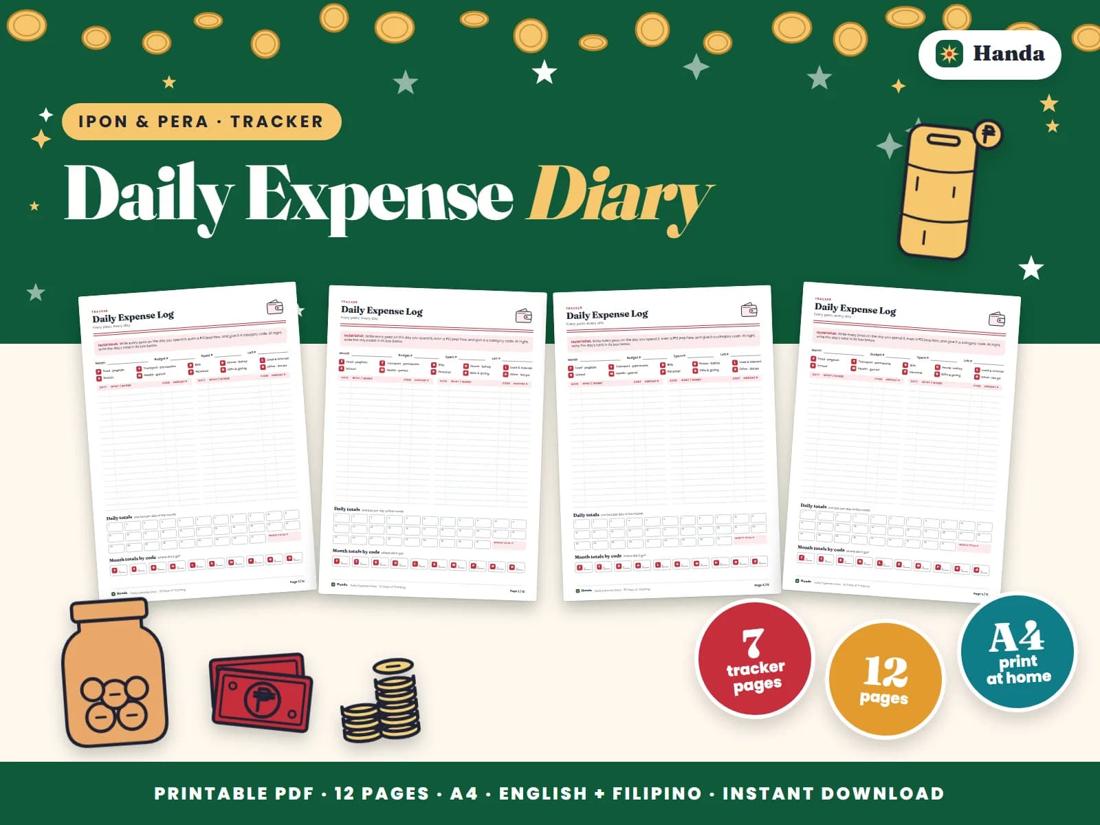 Cover of Daily Expense Diary, a printable money tracker showing four of its pages