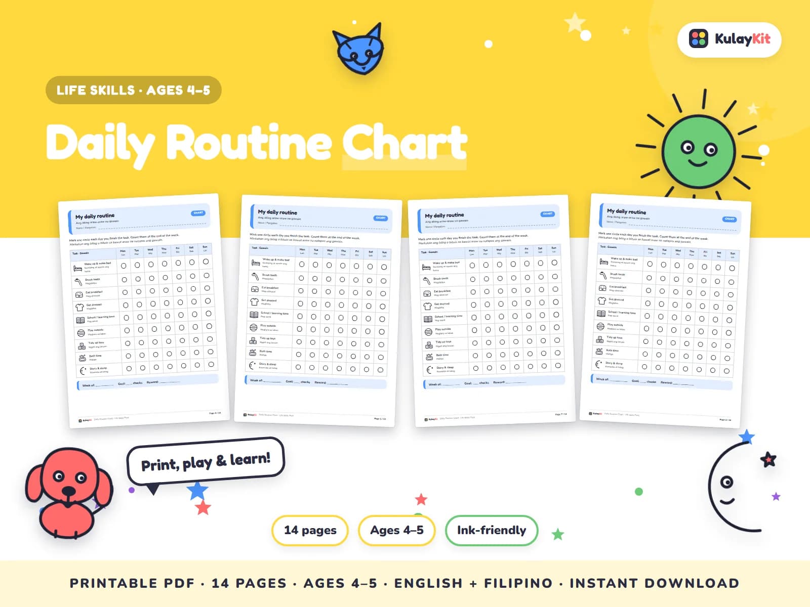 Cover of Daily Routine Chart, a printable pack for preschoolers ages 4 to 5, showing four of its pages
