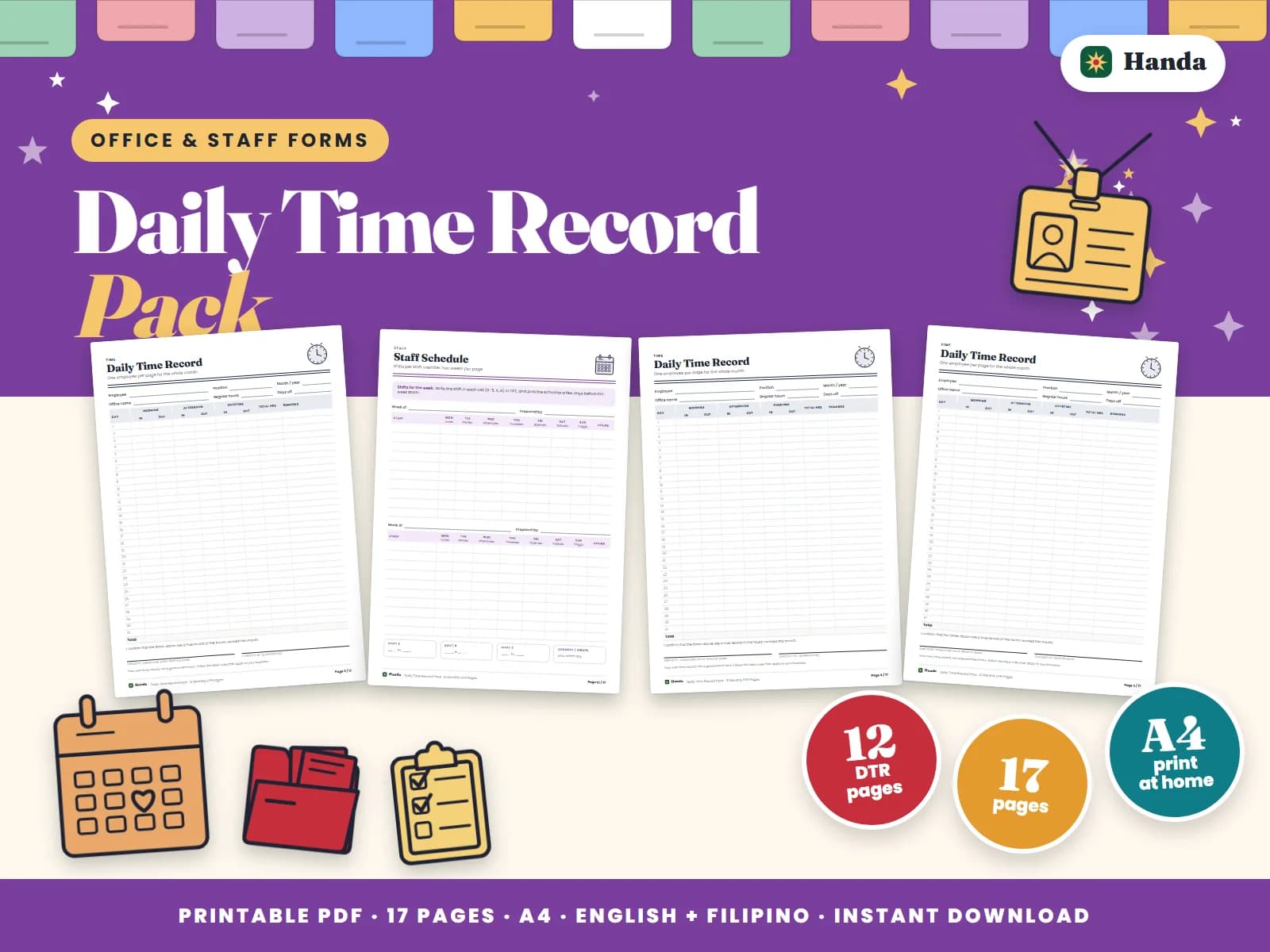Cover of Daily Time Record Pack, a printable forms pack showing four of its pages