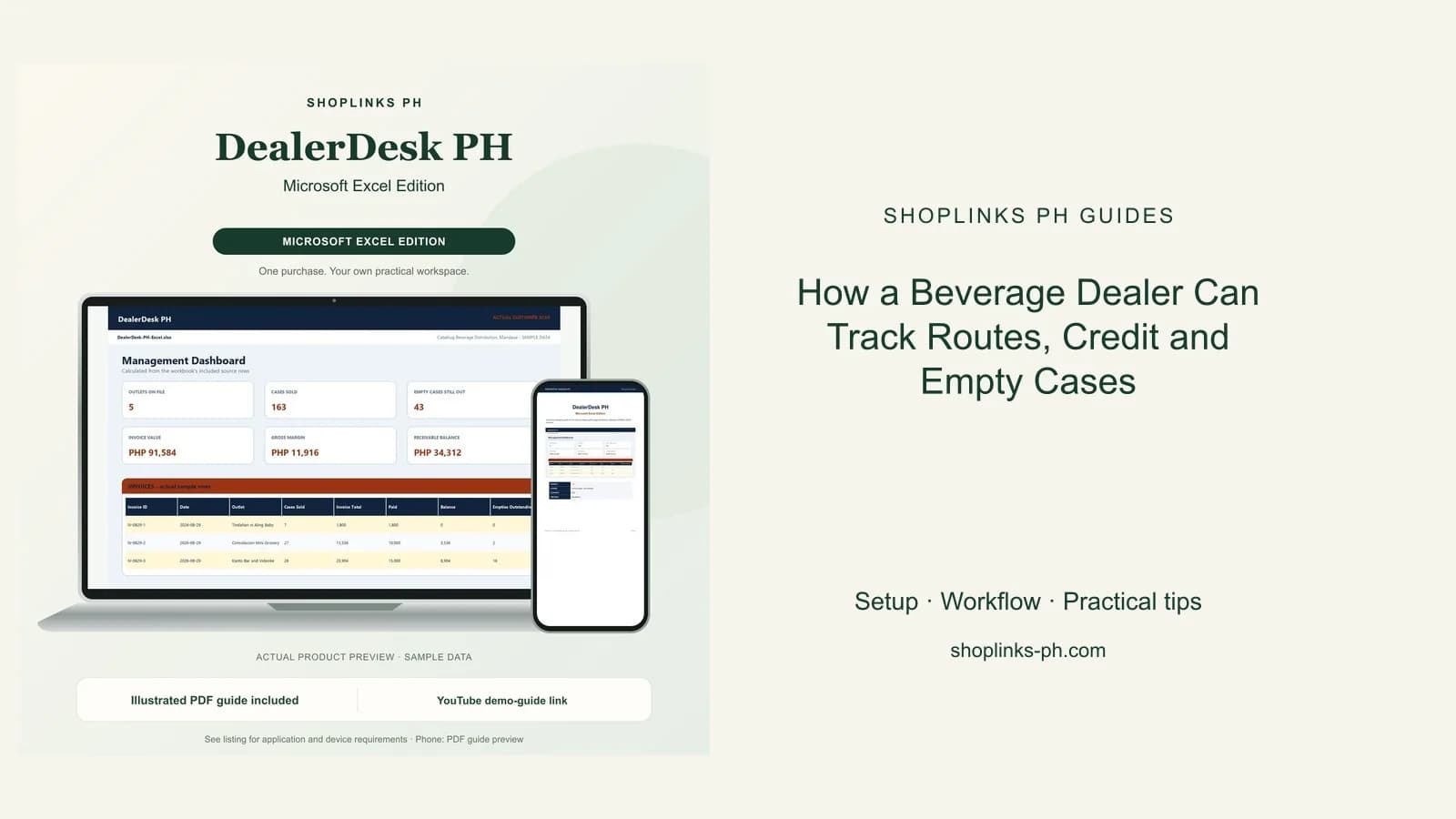 How a Beverage Dealer Can Track Routes, Credit and Empty Cases: matching product and illustrated guide previews on laptop and phone.