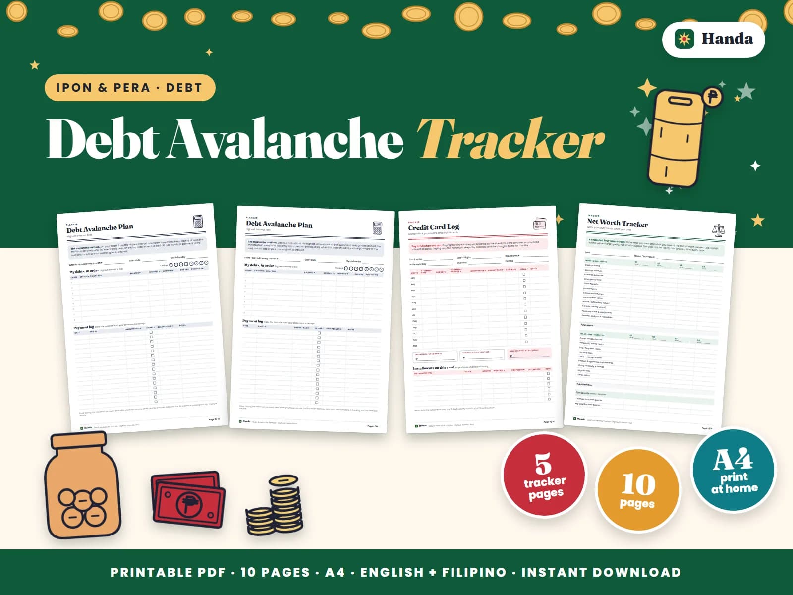 Cover of Debt Avalanche Tracker, a printable money tracker showing four of its pages