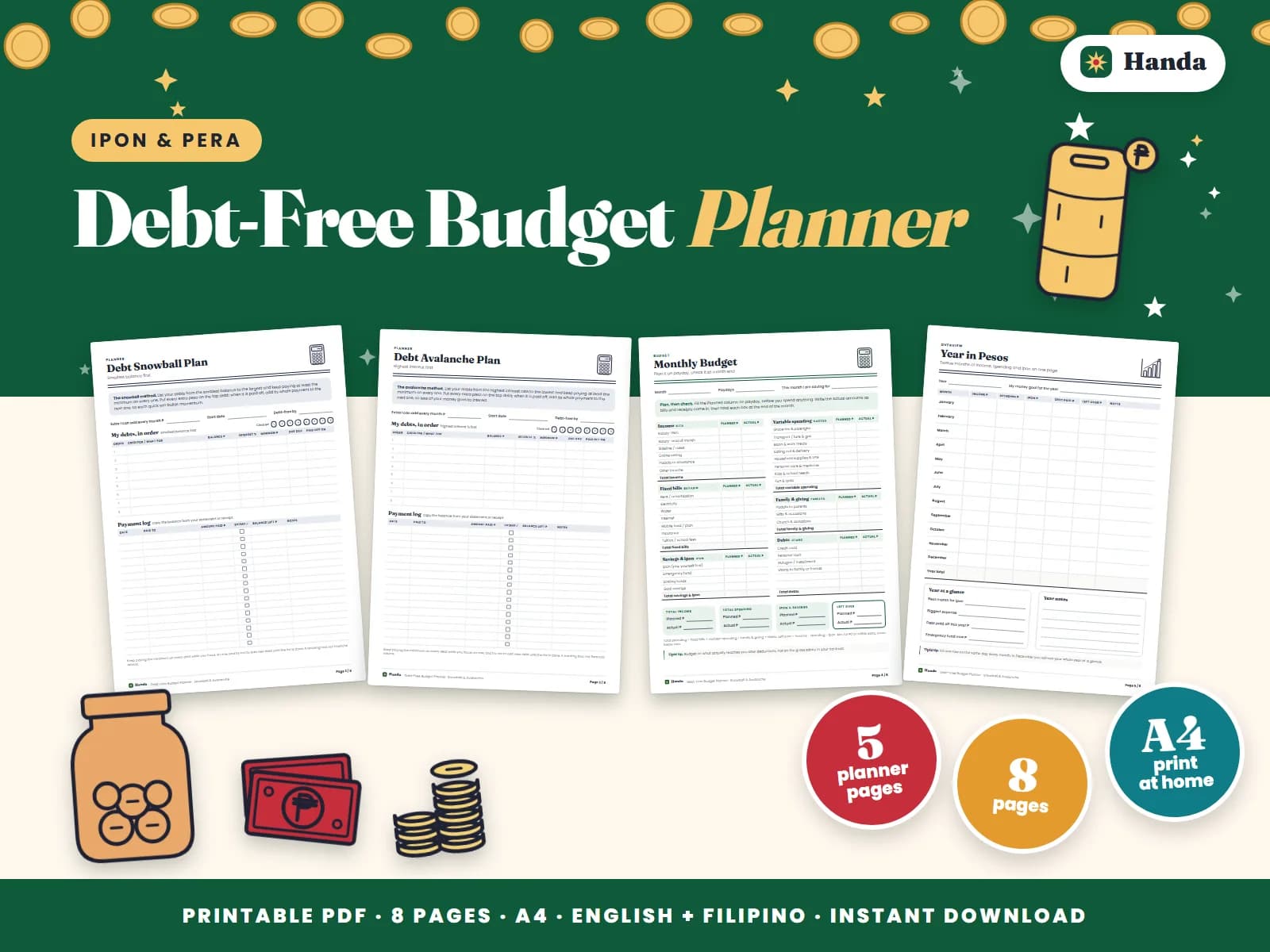 Cover of Debt-Free Budget Planner, a printable budget planner showing four of its pages