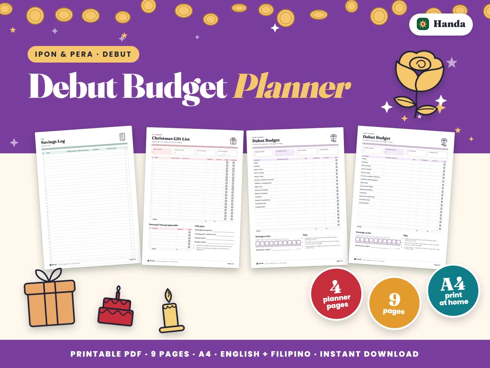 Cover of Debut Budget Planner, a printable budget planner showing four of its pages