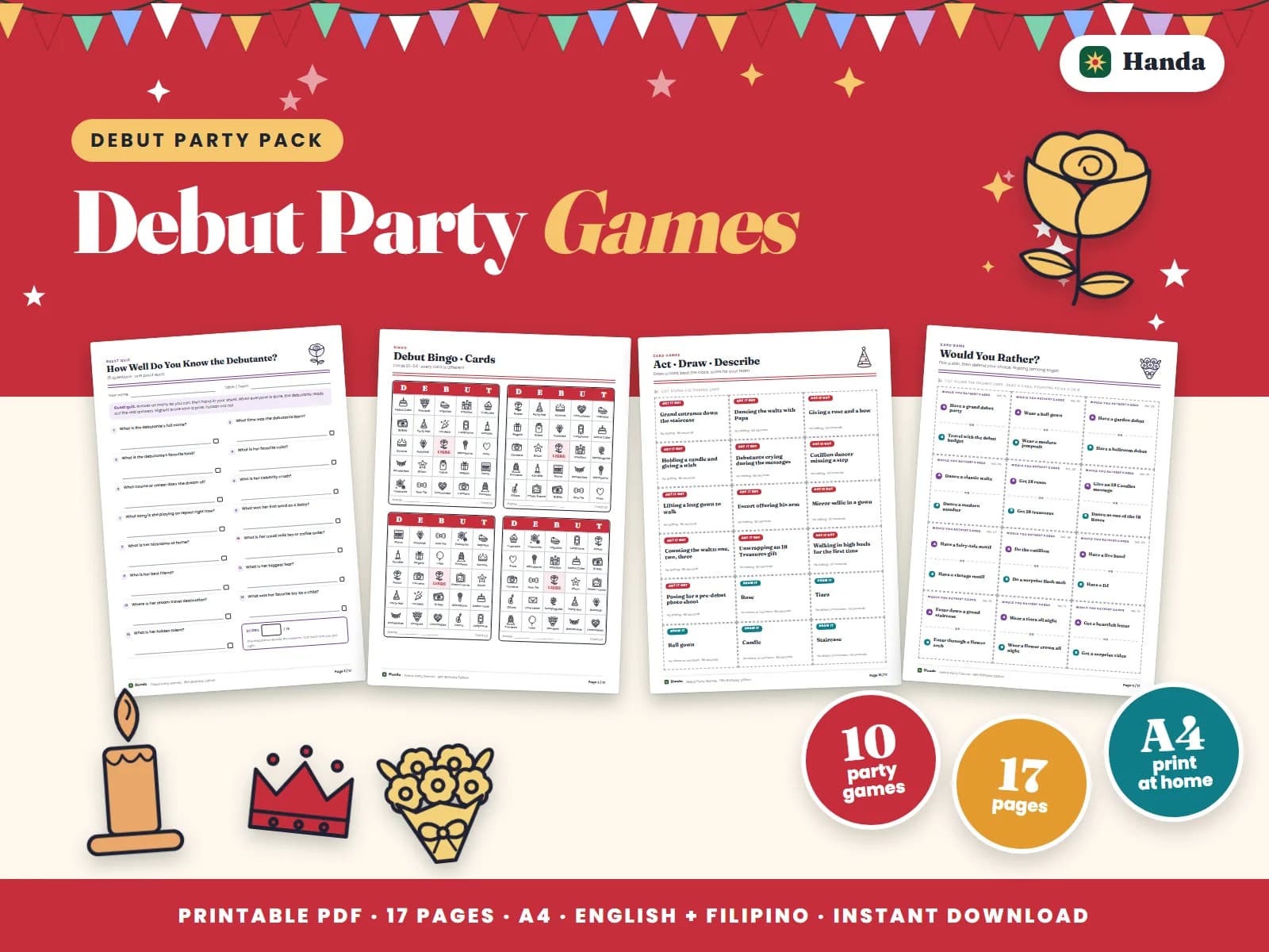 Cover of Debut Party Games, a printable party games pack showing four of its pages