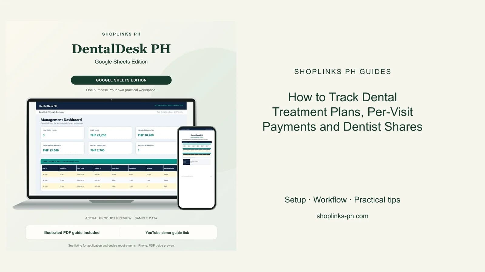 How to Track Dental Treatment Plans, Per-Visit Payments and Dentist Shares: matching product and illustrated guide previews on laptop and phone.