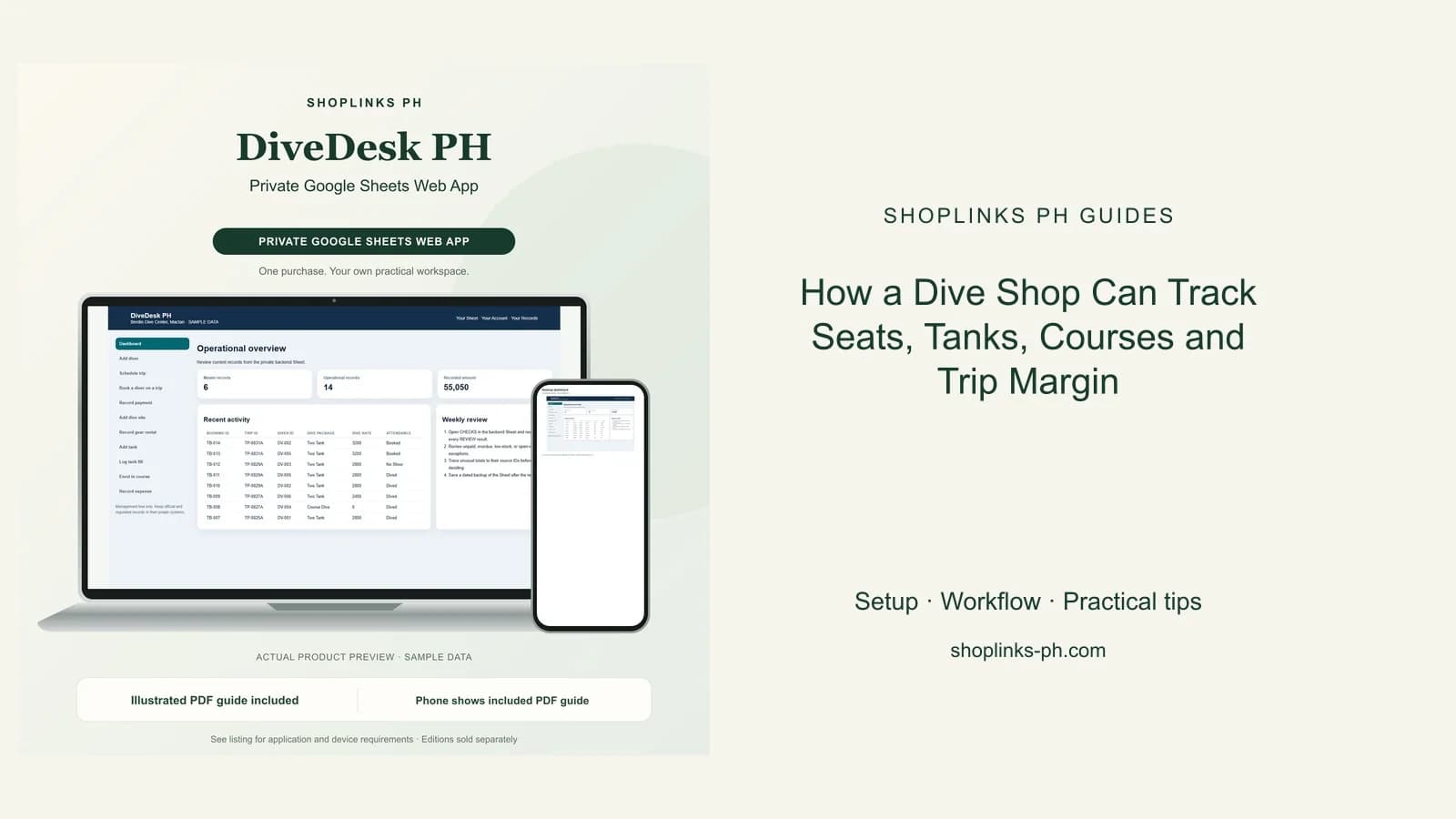 DiveDesk PH Private Google Sheets Web App dashboard using fictional sample data