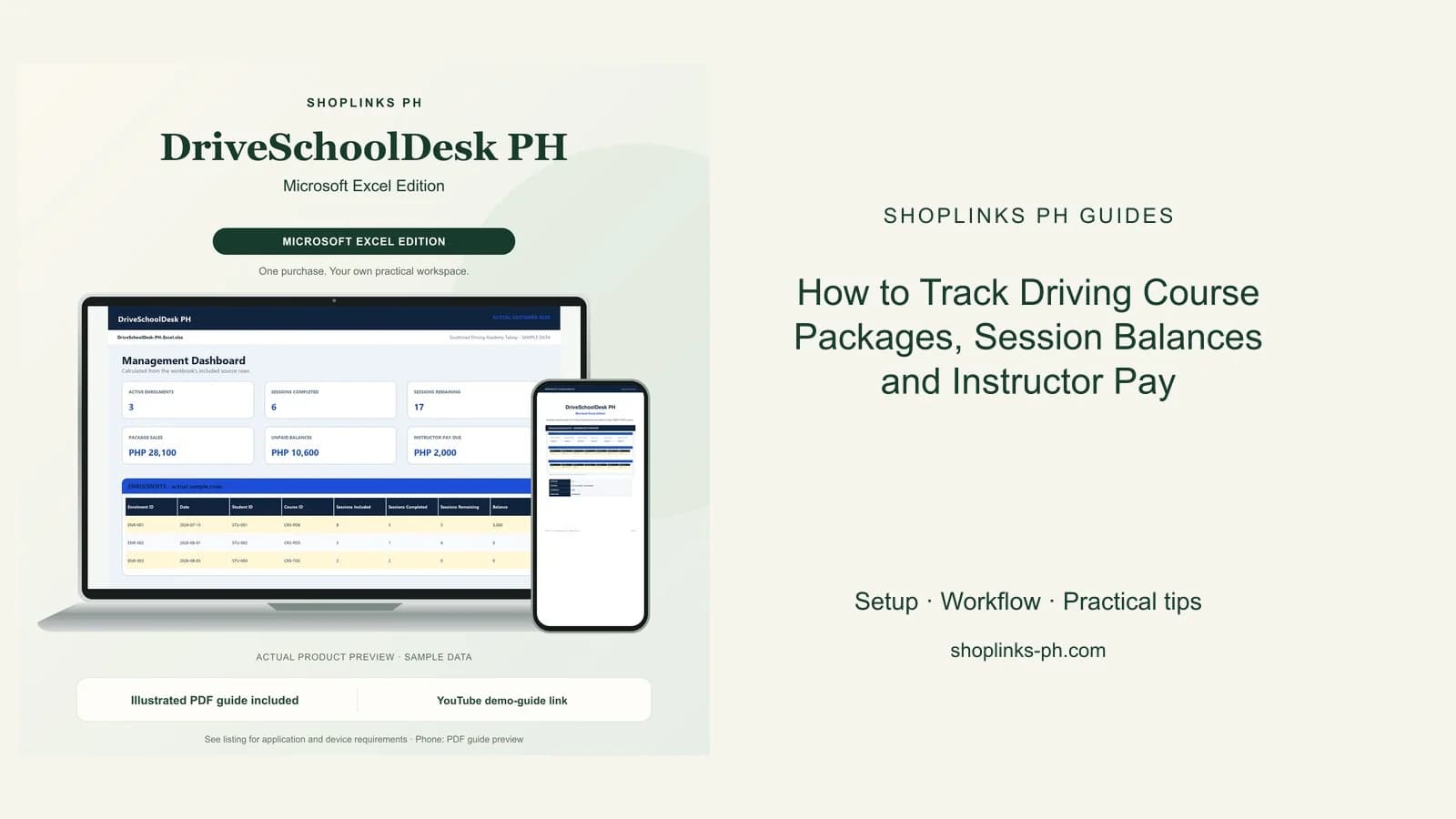 How to Track Driving Course Packages, Session Balances and Instructor Pay: matching product and illustrated guide previews on laptop and phone.