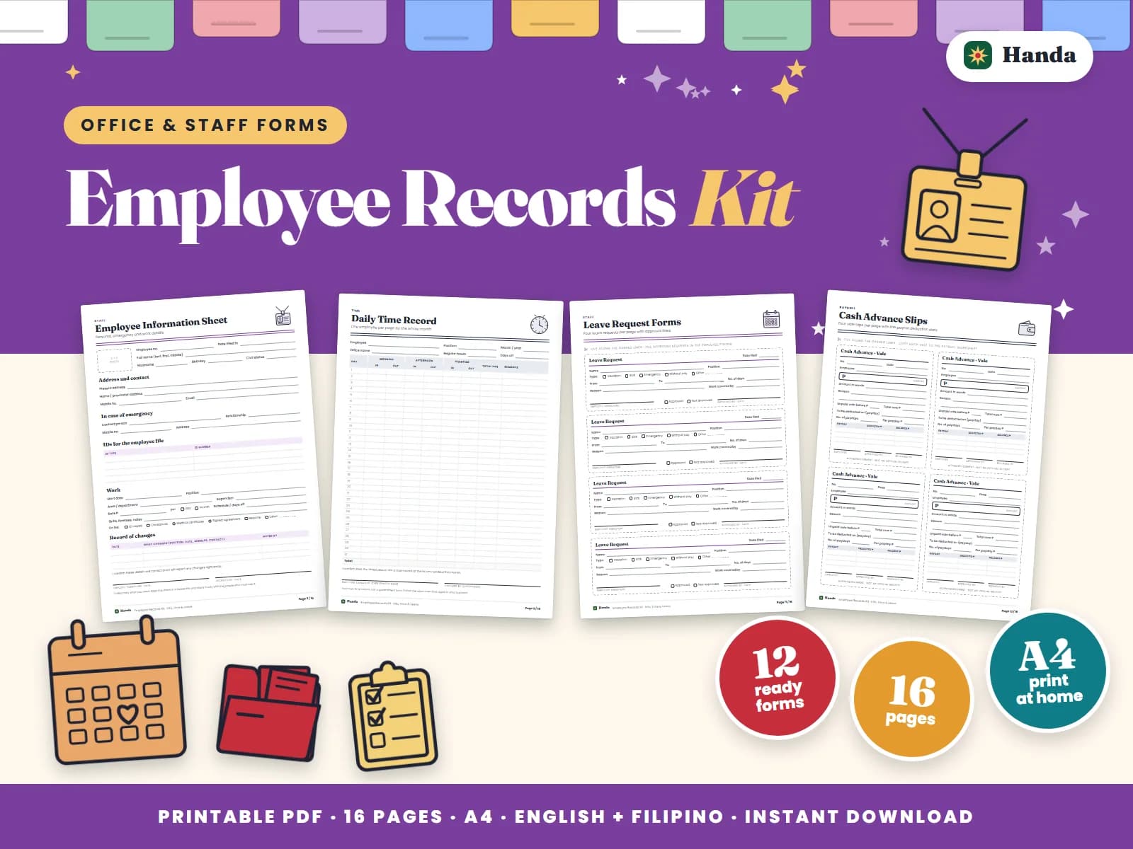 Cover of Employee Records Kit, a printable office forms pack showing four of its pages