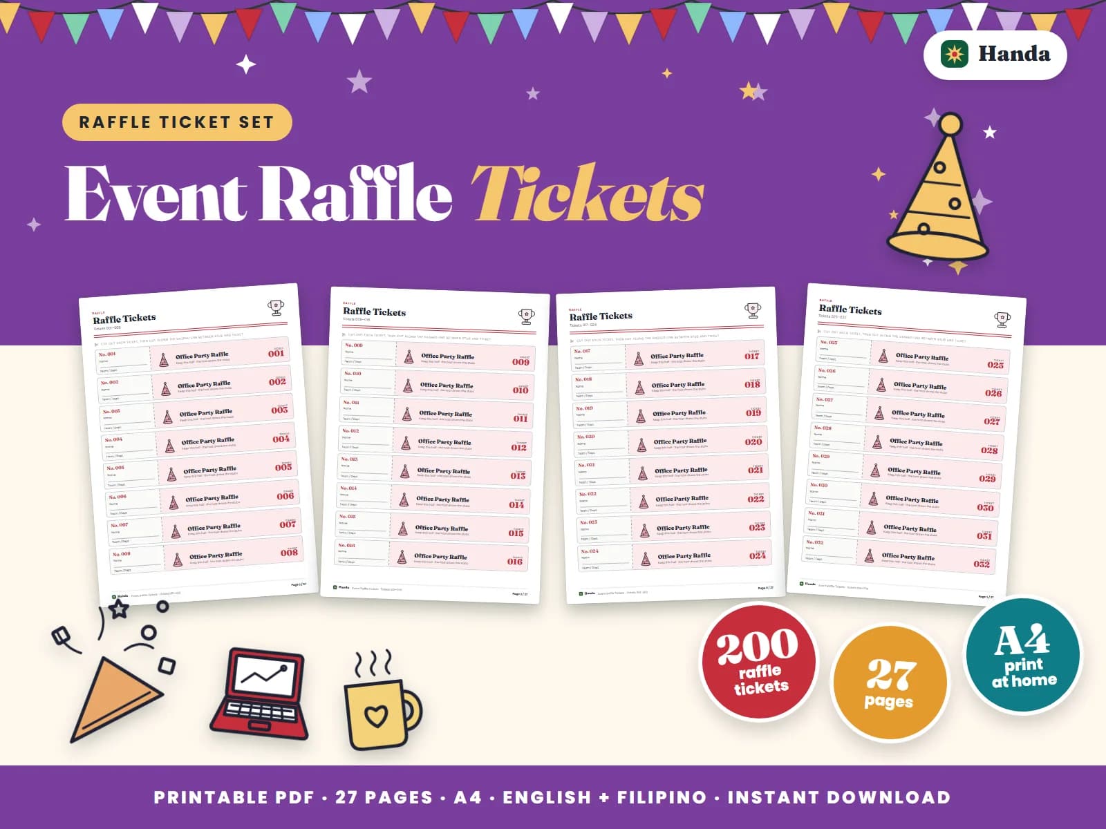 Cover of Event Raffle Tickets, a printable raffle ticket set showing four of its pages