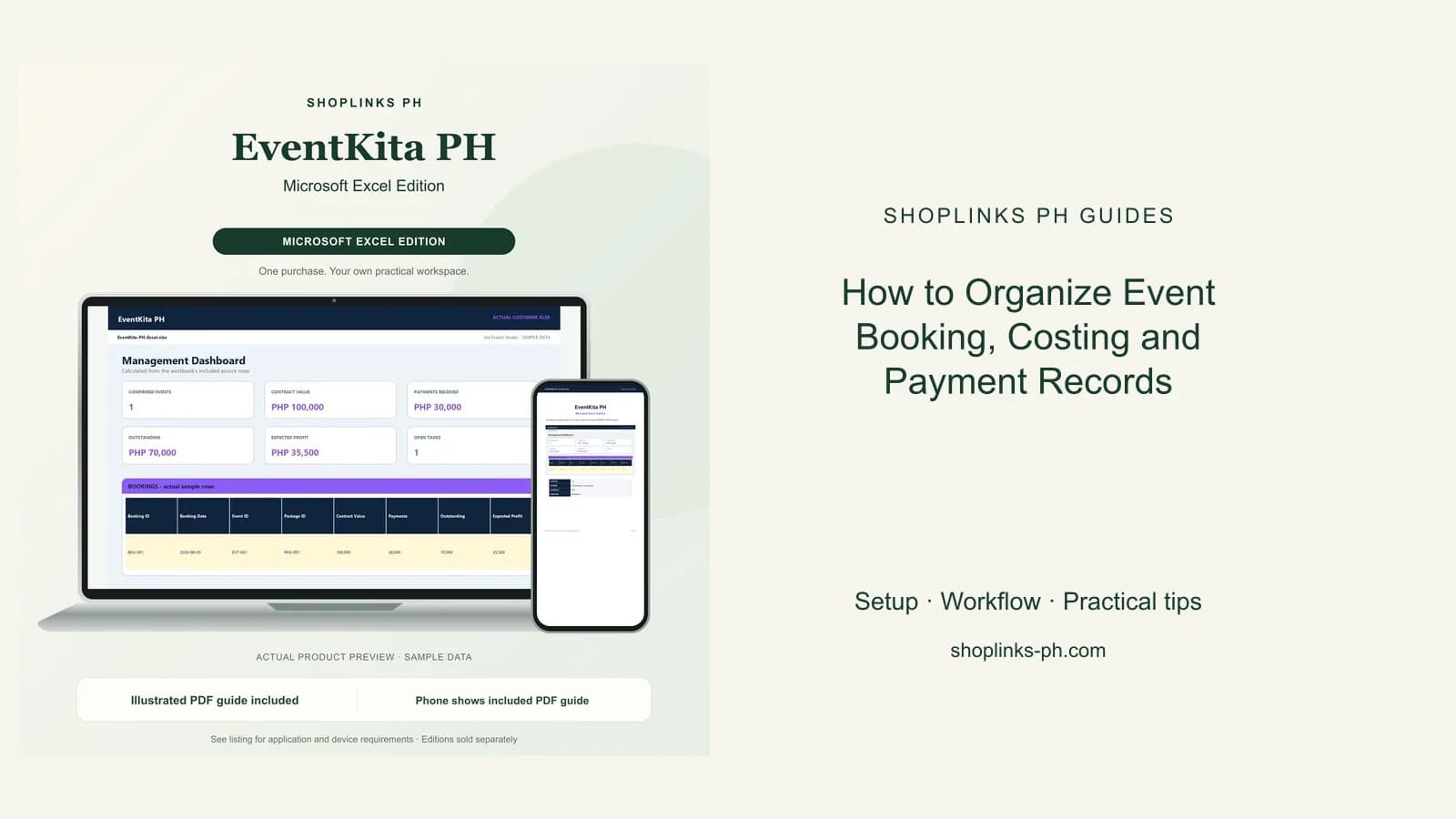 How to Organize Event Booking, Costing and Payment Records: matching product and illustrated guide previews on laptop and phone.